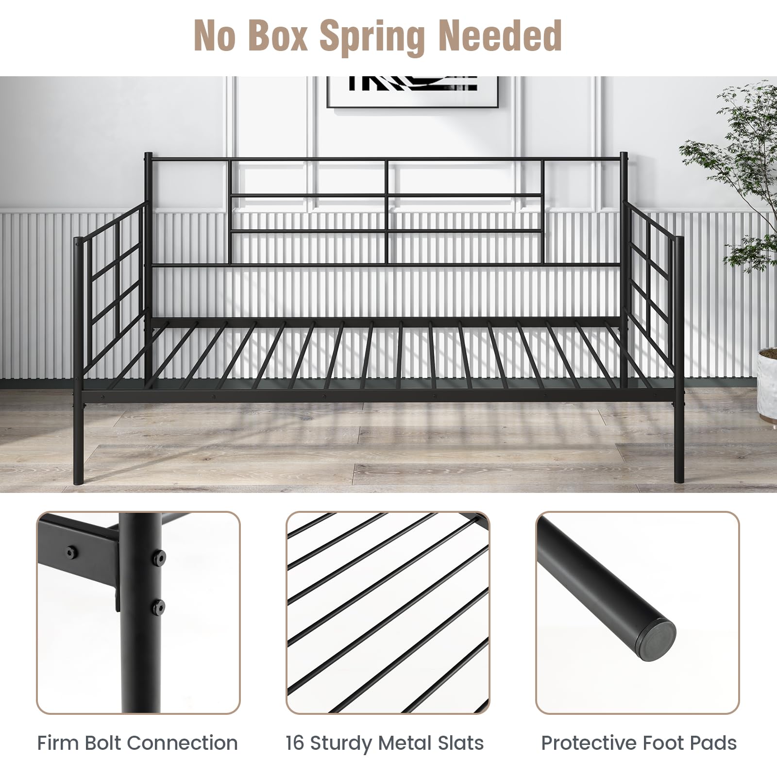 Twin Size Metal Daybed Frame, Heavy-Duty Sofa Bed with Sturdy Metal Slat Support