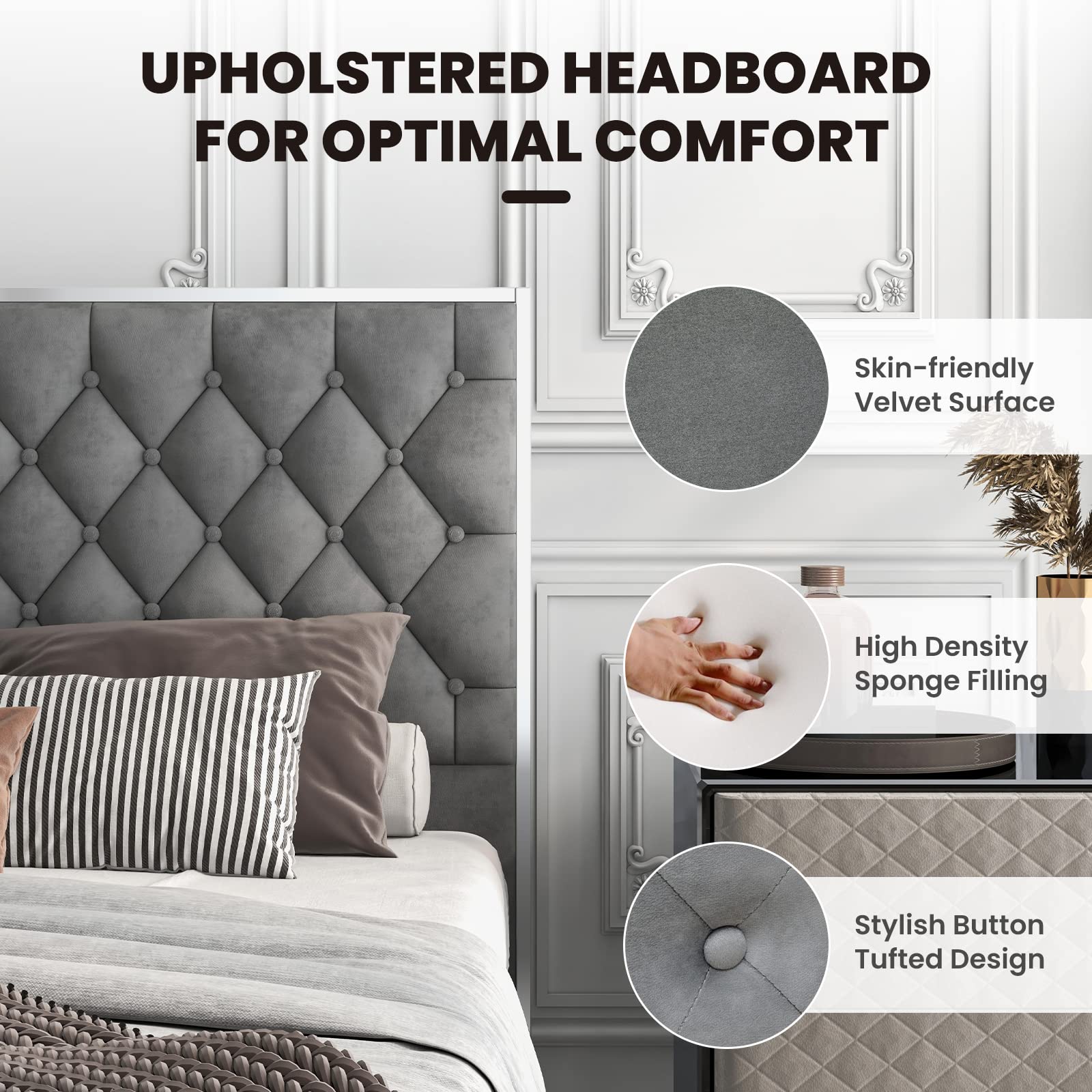 Full Size Upholstered Bed Frame with Button Tufted Headboard
