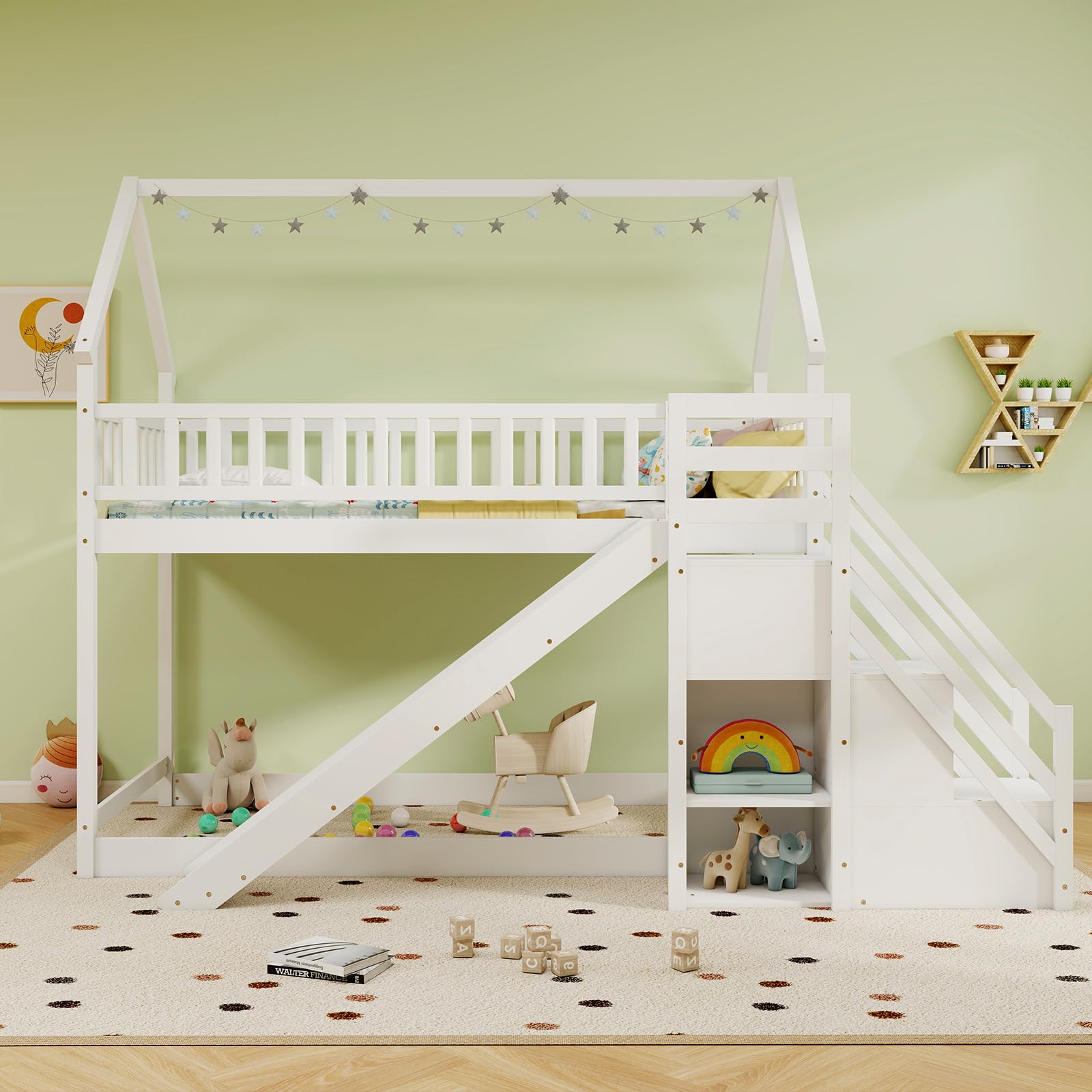 Twin Over Twin  Wood House Bunk Bed with Slide & Stairs, Storage Shelves