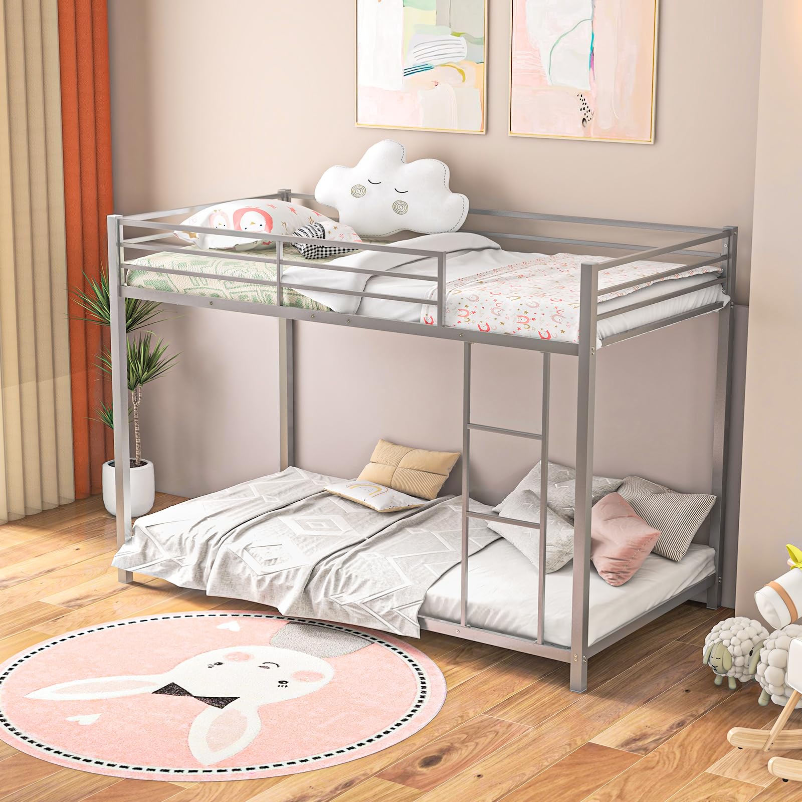 Twin Over Twin Metal Low Floor Bunk Bed with Safety Guard Rail & Ladder