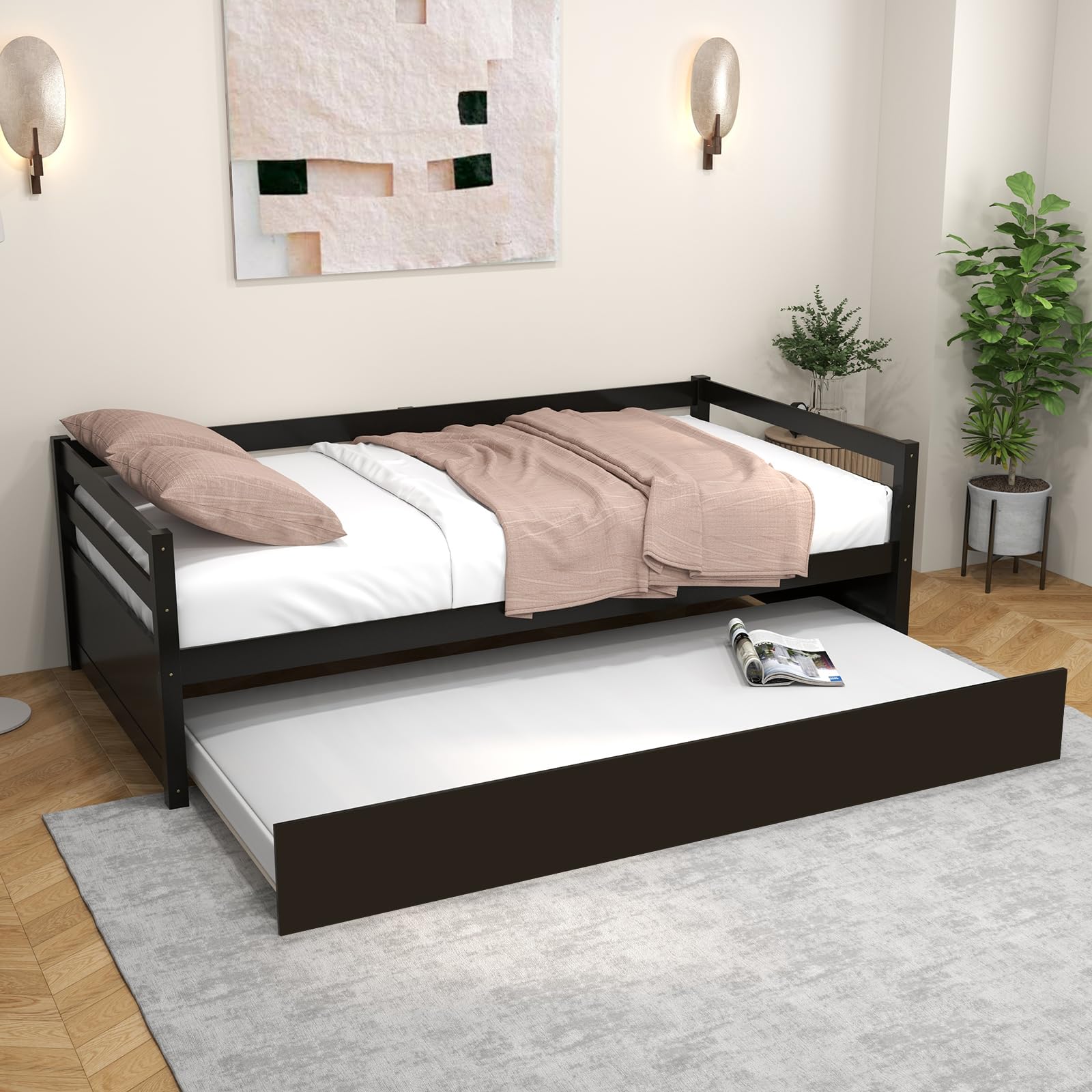 Twin Daybed with Trundle, Wood Trundle Bed with Wood Slat Support