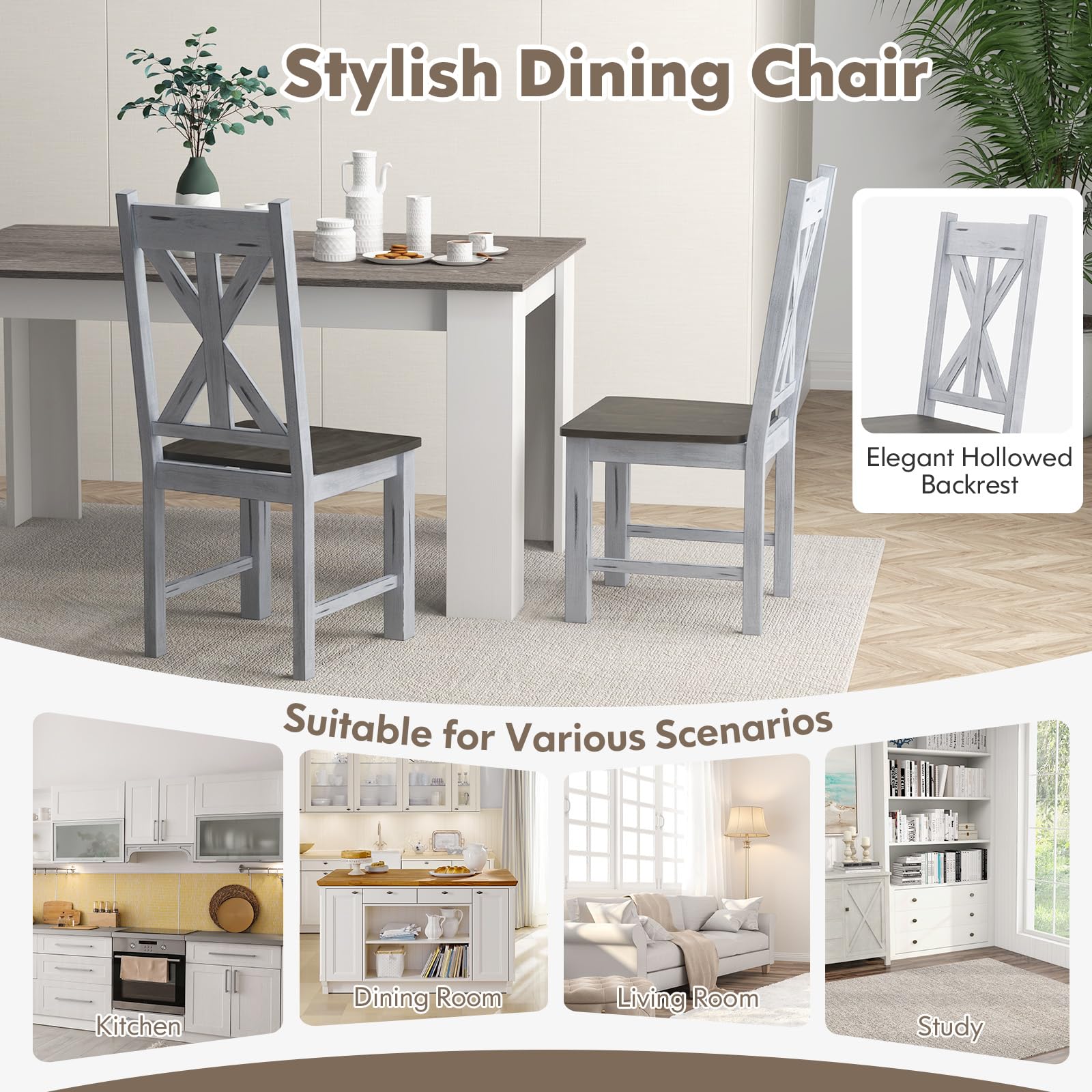 Retro Wooden Dining Chairs Set of 2/4, Farmhouse Kitchen Chairs w/Rubber Wood Frame, Elegant Hollowed Backrest