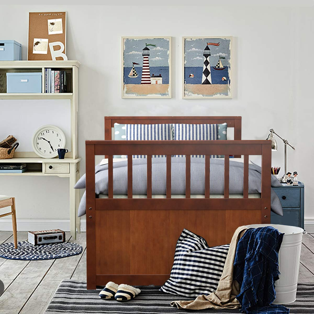 Twin Captain&rsquo;s Bed with Trundle Bed, Wood Storage Daybed with 3 Storage Drawers