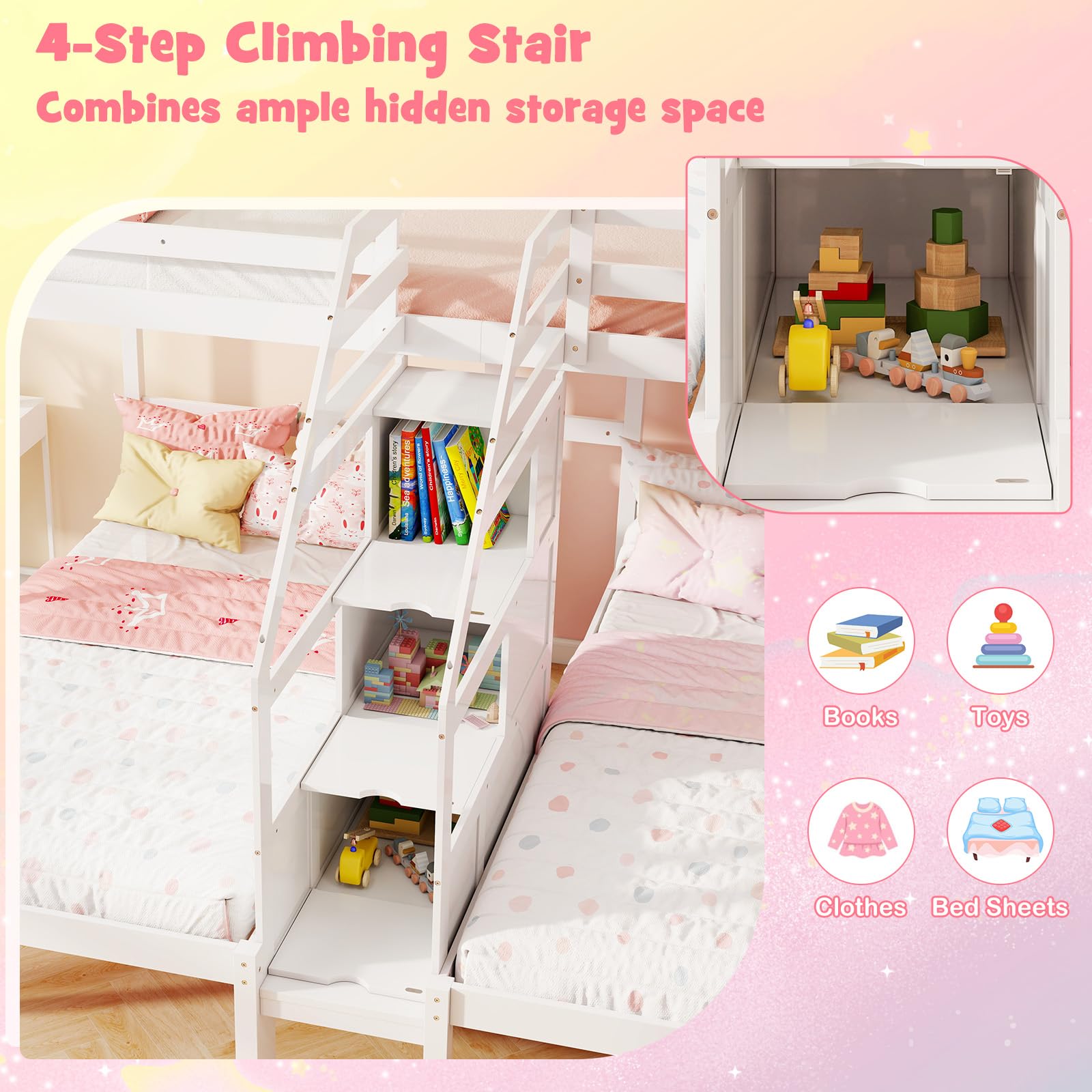 Triple Bunk Beds with 4-Step Storage Stair, Guardrail & Solid Wood Structure