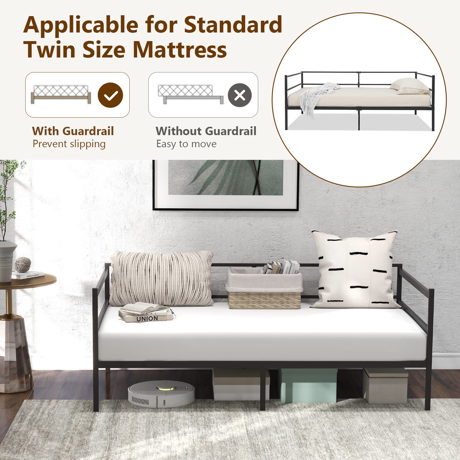 Metal Twin Daybed with Heavy Duty Slat Support, Space Saving Sofa Bed