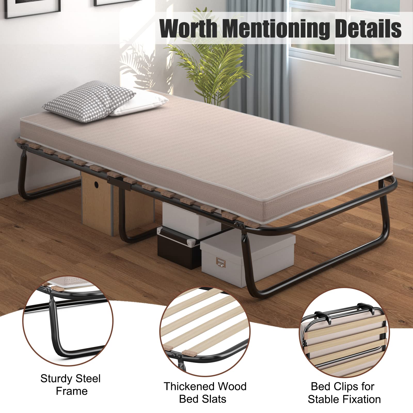 Twin Size Folding Rollaway Bed with Mattress for Adults