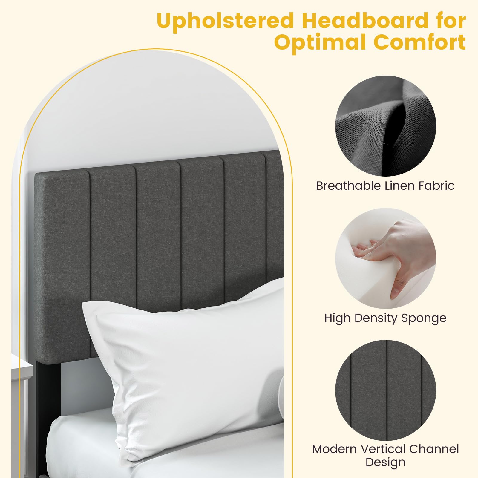 Queen Size Upholstered Bed Frame with Vertical Channel Tufted Headboard