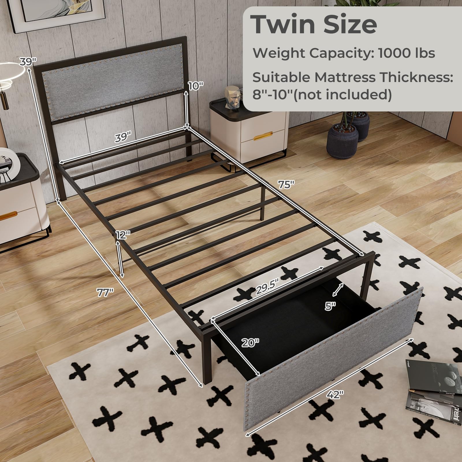  Metal Platform Bed Frame with Storage Drawer