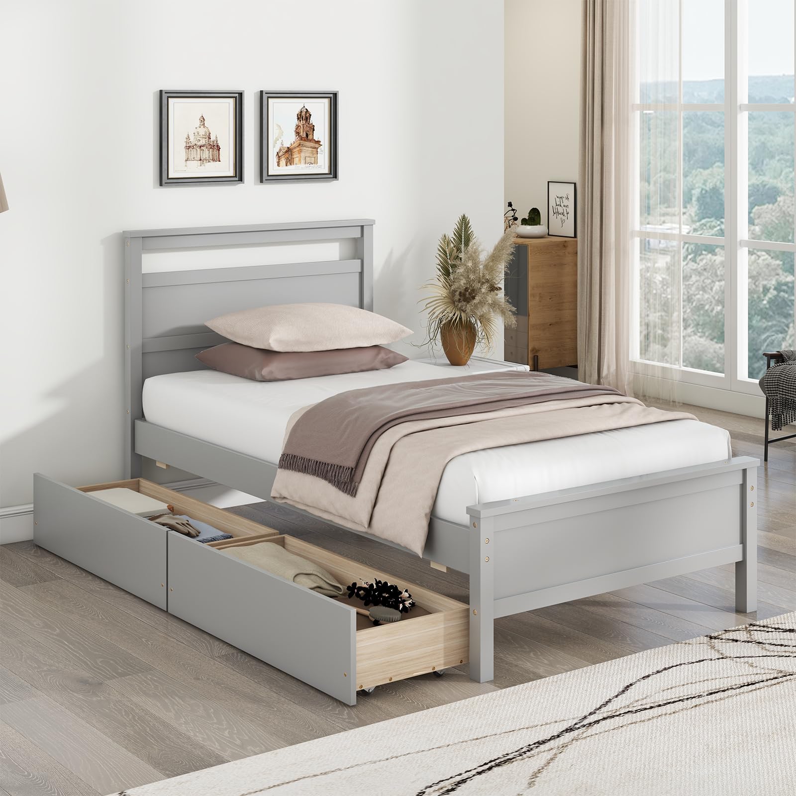 Twin Bed Frame with 2 Storage Drawers