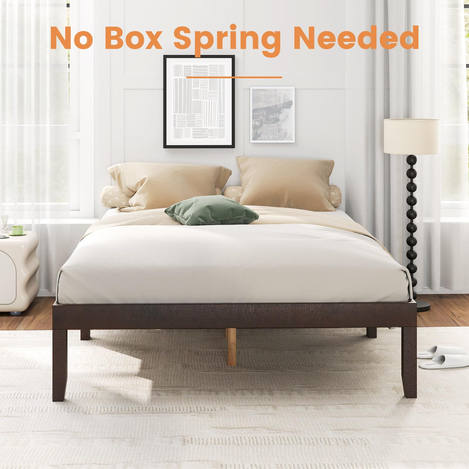 Wood Platform Bed Frame, 14 Inches Wooden Mattress Foundation with Solid Rubber Wood Legs