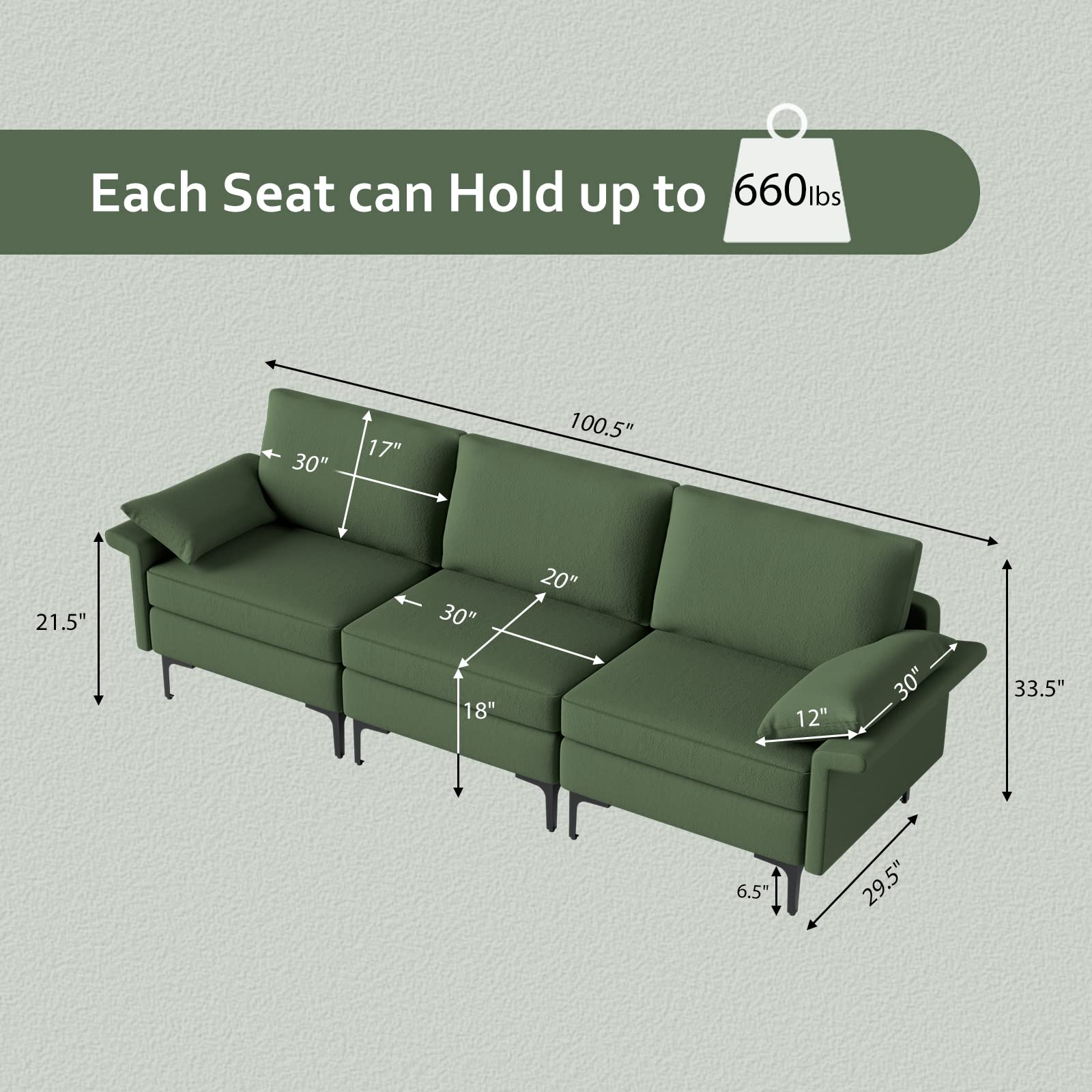 100.5 Inch Large Sectional Sofa, 3 Seat Couch with 3-Hole Outlet & 2 USB Ports