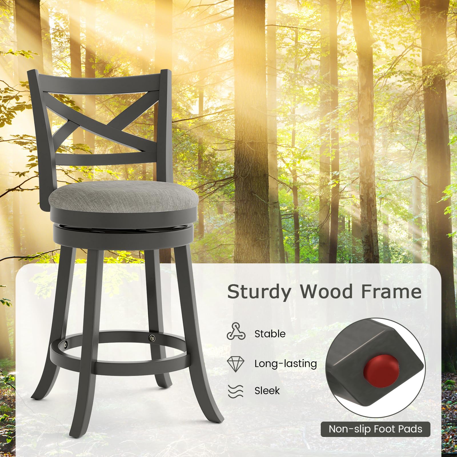 Wood Swivel Bar Stools Set of 2/4, Counter Height Swivel Chairs with Hollow Back & Soft-Padded Seat