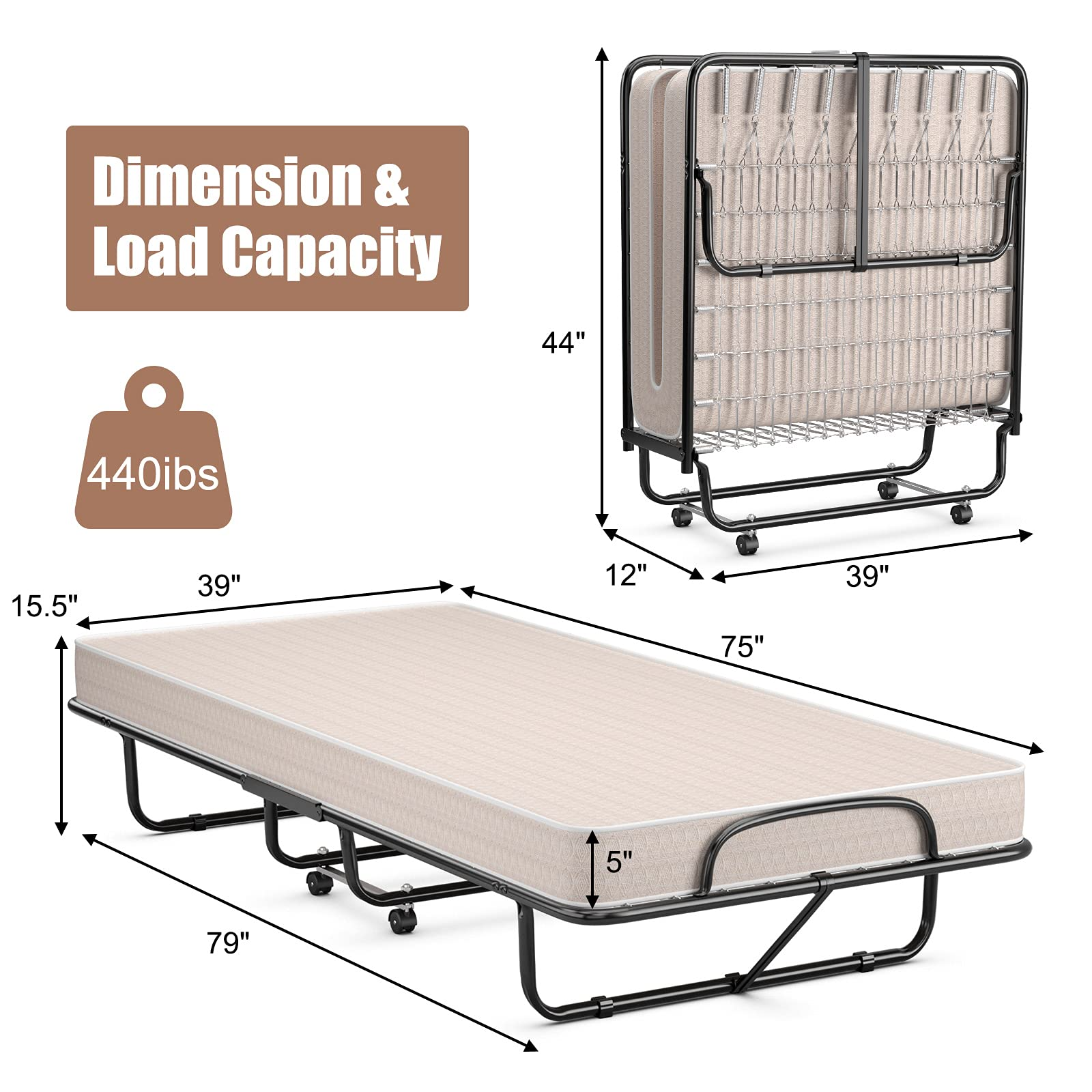 Folding Guest Bed with Mattress,  Twin Size Portable Rollaway Bed 5-Inch Memory Foam Mattress