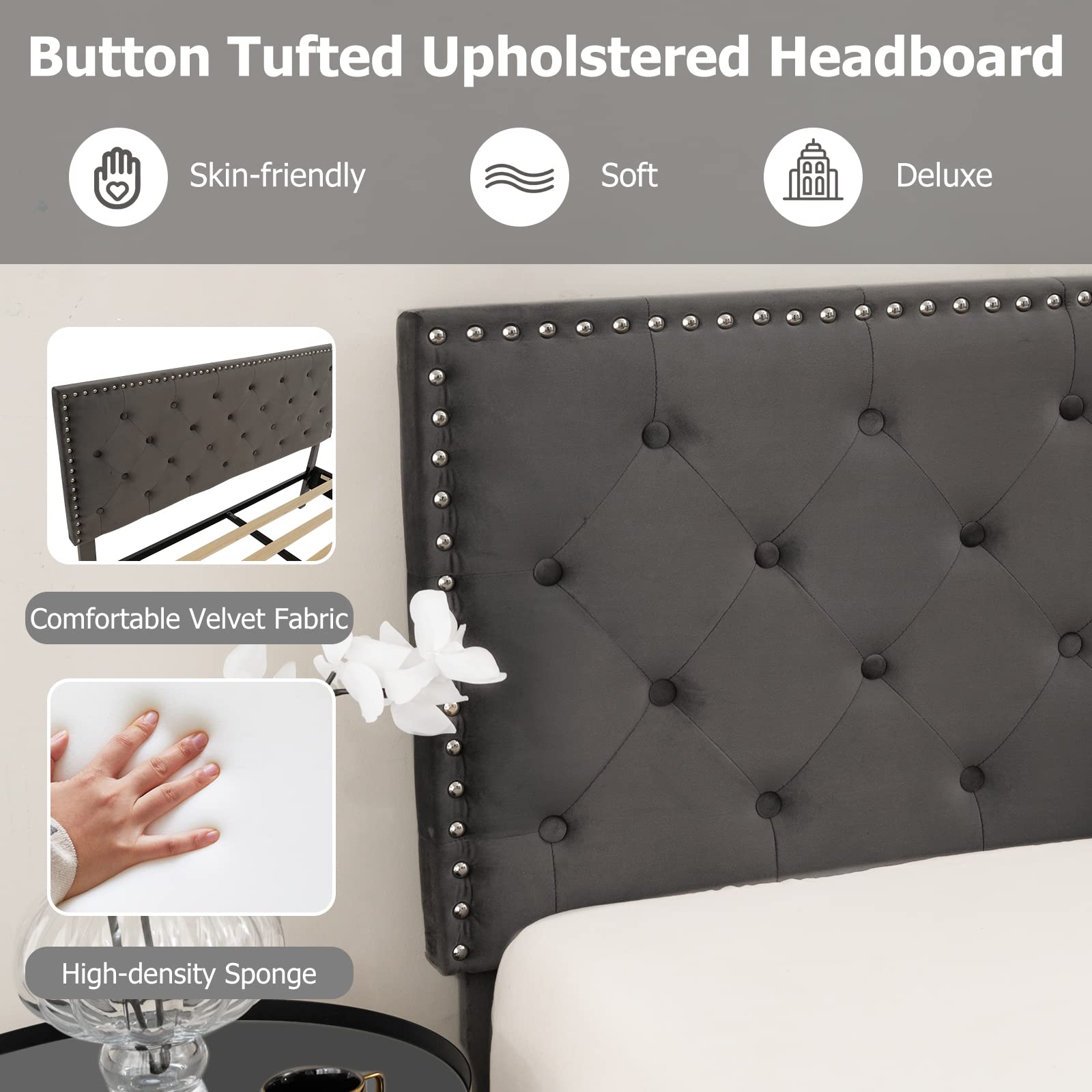 Full/Queen Size Upholstered Bed Frame with Tufted Headboard & Soft-padded Footboard