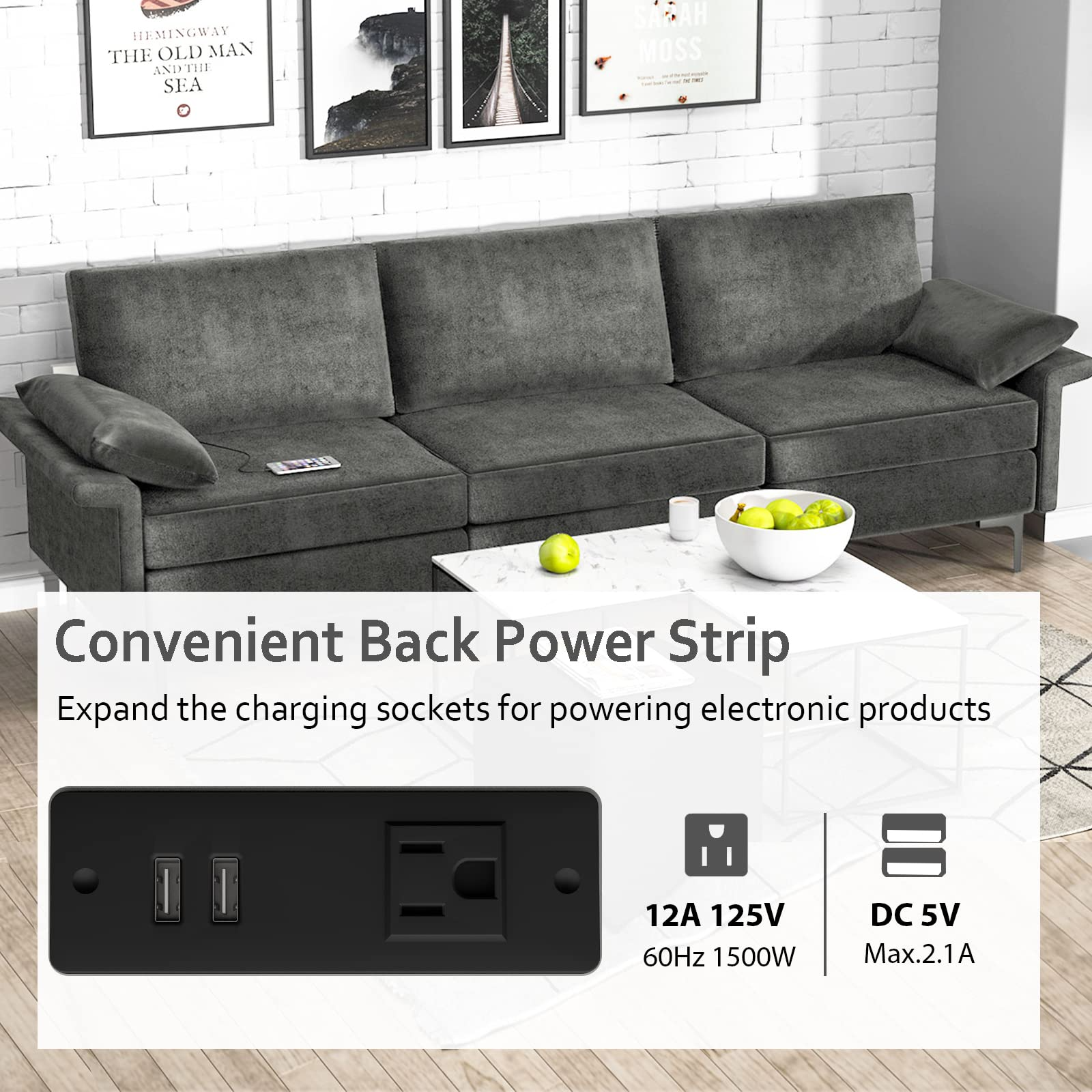 100.5 Inch Large Sectional Sofa, 3 Seat Couch with 3-Hole Outlet & 2 USB Ports