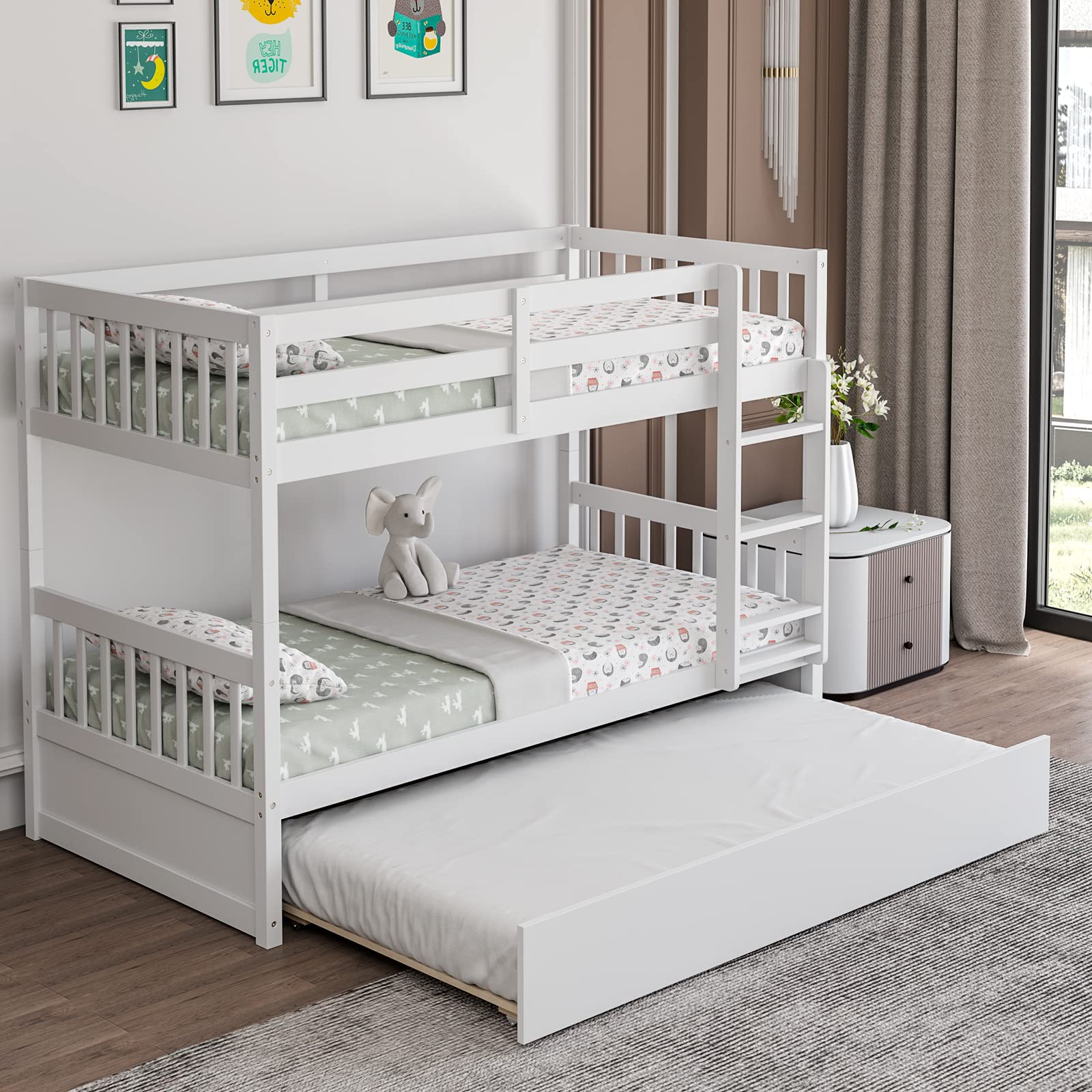 Twin Over Twin Wood Bunk Bed with Trundle, 2-in-1 Convertible Bunk Bed with Ladder & Solid Wood Frame