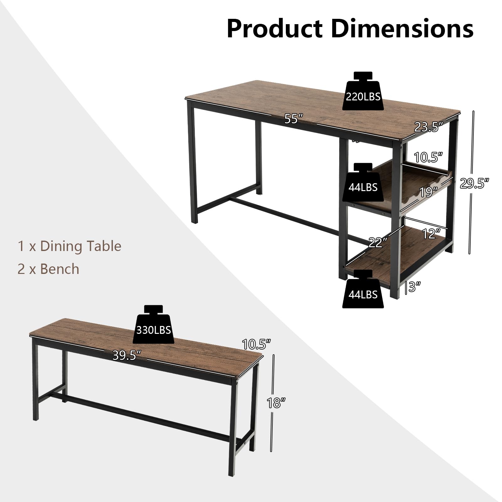 Dining Table Set for 4, 3-Piece 55" L Kitchen Table Set w/ 2 Benches, Breakfast Table w/ 5-Bottle Wine Rack & Glass Holder