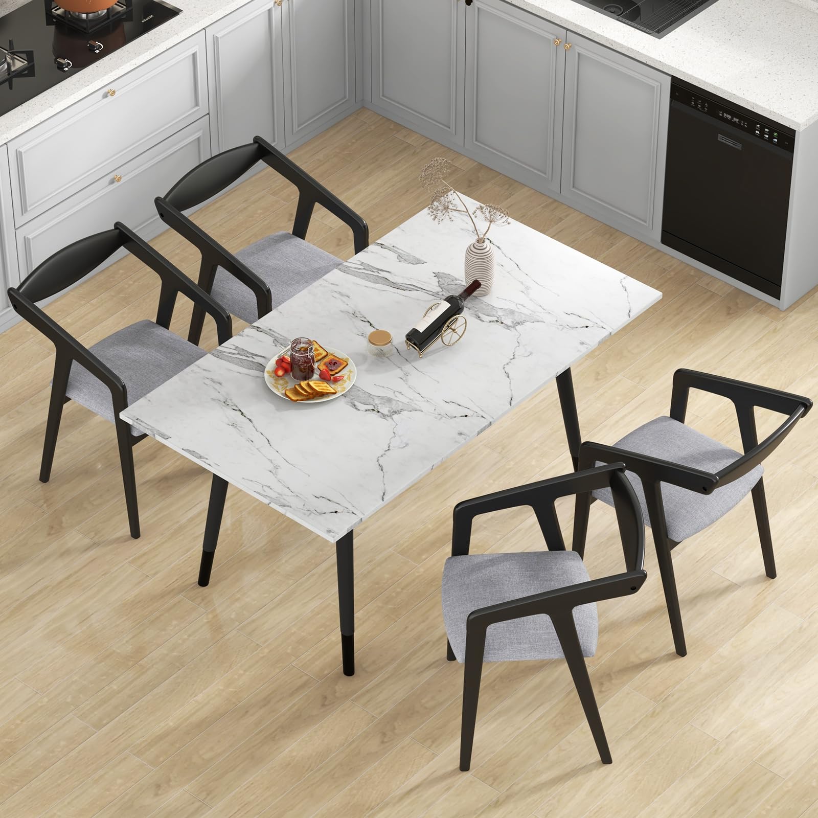 Wooden Dining Chairs Set of 2/4, Linen Fabric Upholstered Kitchen Chairs w/Armrests & Padded Cushion, Rubber Wood Frame