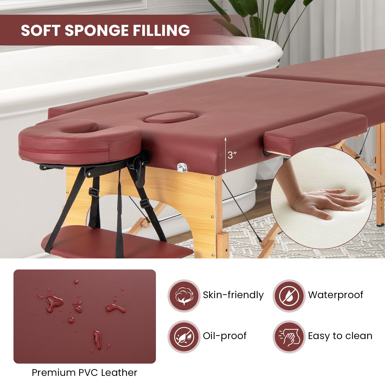 Portable Massage Bed w/Carrying Case, 2-Section Salon Spa Facial Care Tattoo Bed, Height Adjustable