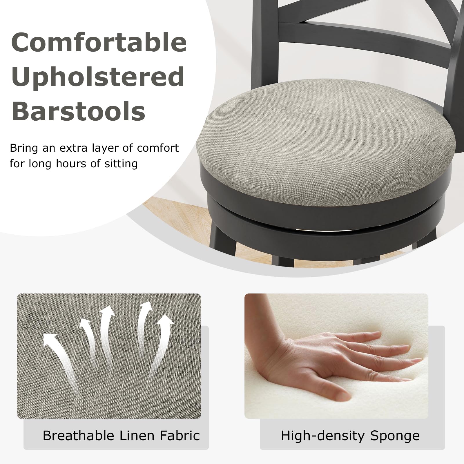 Wood Swivel Bar Stools Set of 2/4, Counter Height Swivel Chairs with Hollow Back & Soft-Padded Seat