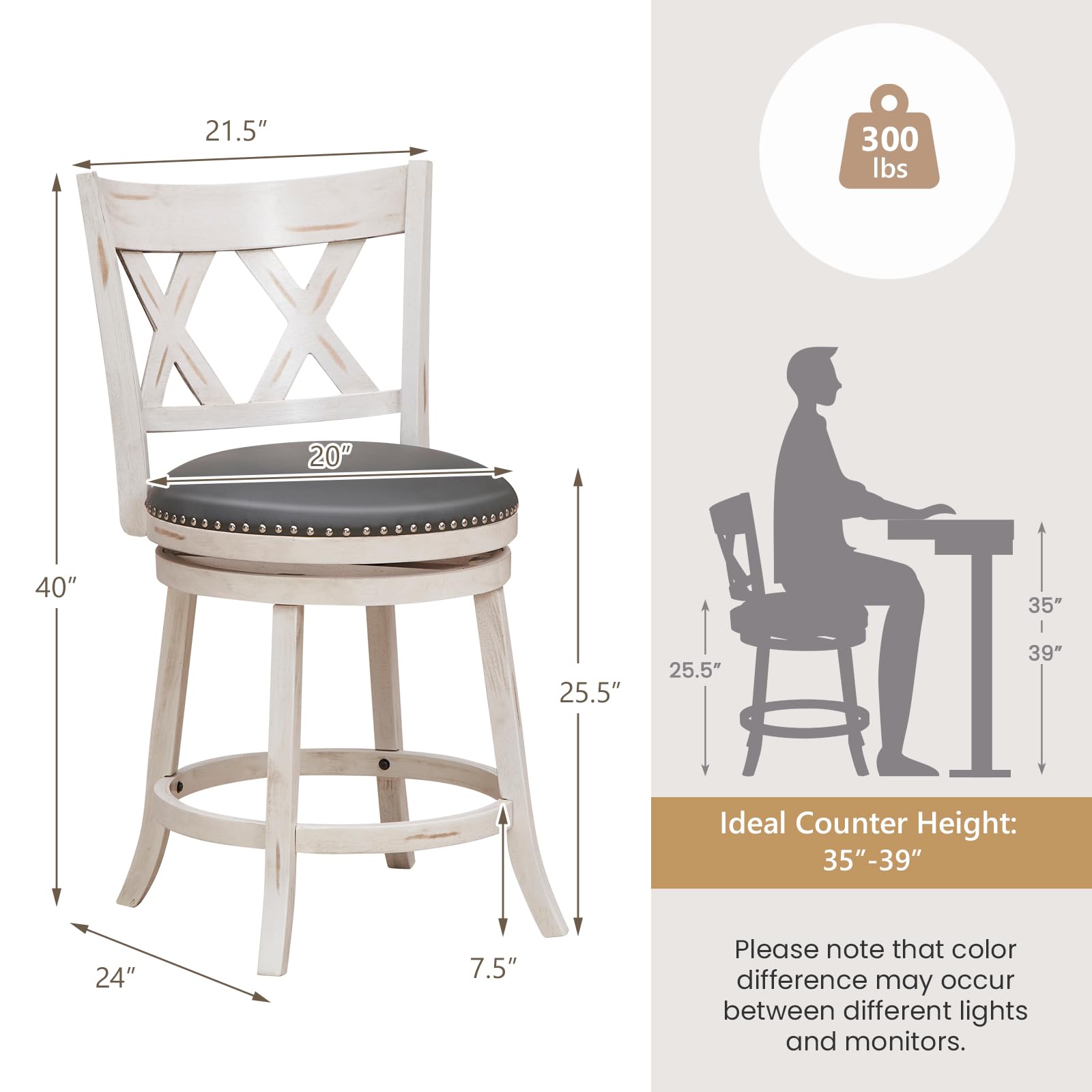 25.5" Bar Stools Set of 2/4, Swivel Counter Height Stools with Back, 20" Wide Padded Seat, Rubber Wood Frame