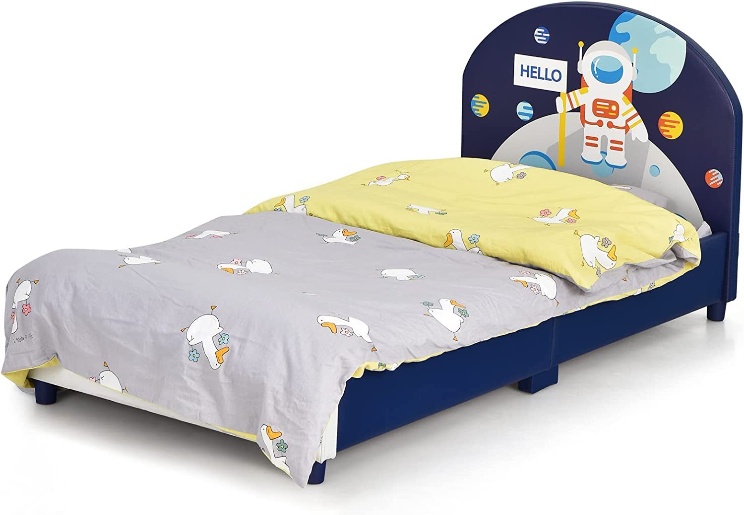 Kids Bed, Toddler Upholstered Platform Floor Bed w/Headboard & Wooden Slat Base