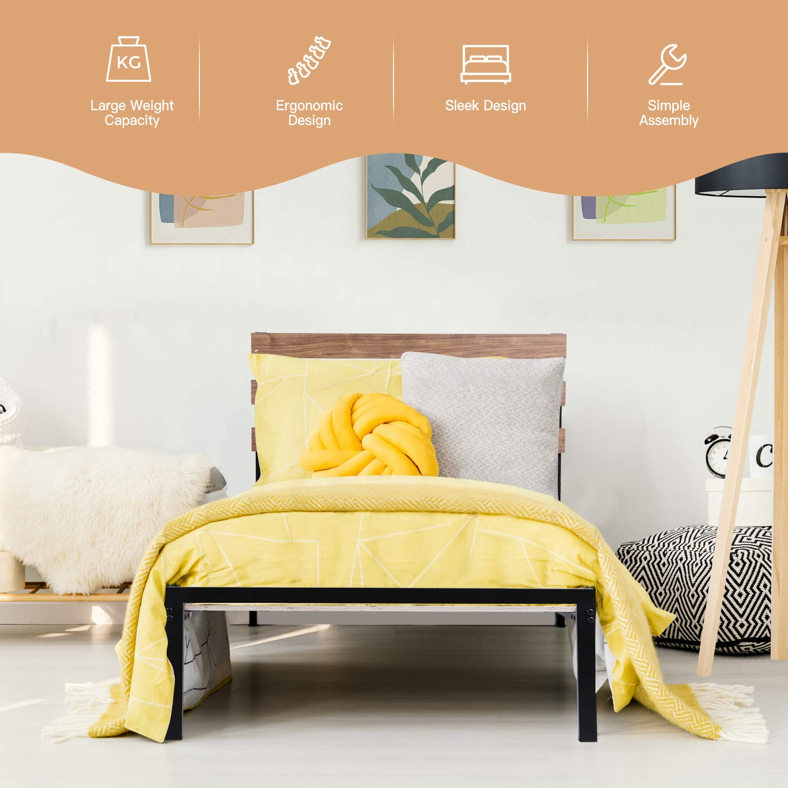 Metal Bed Frame with Wood Headboard and Slats