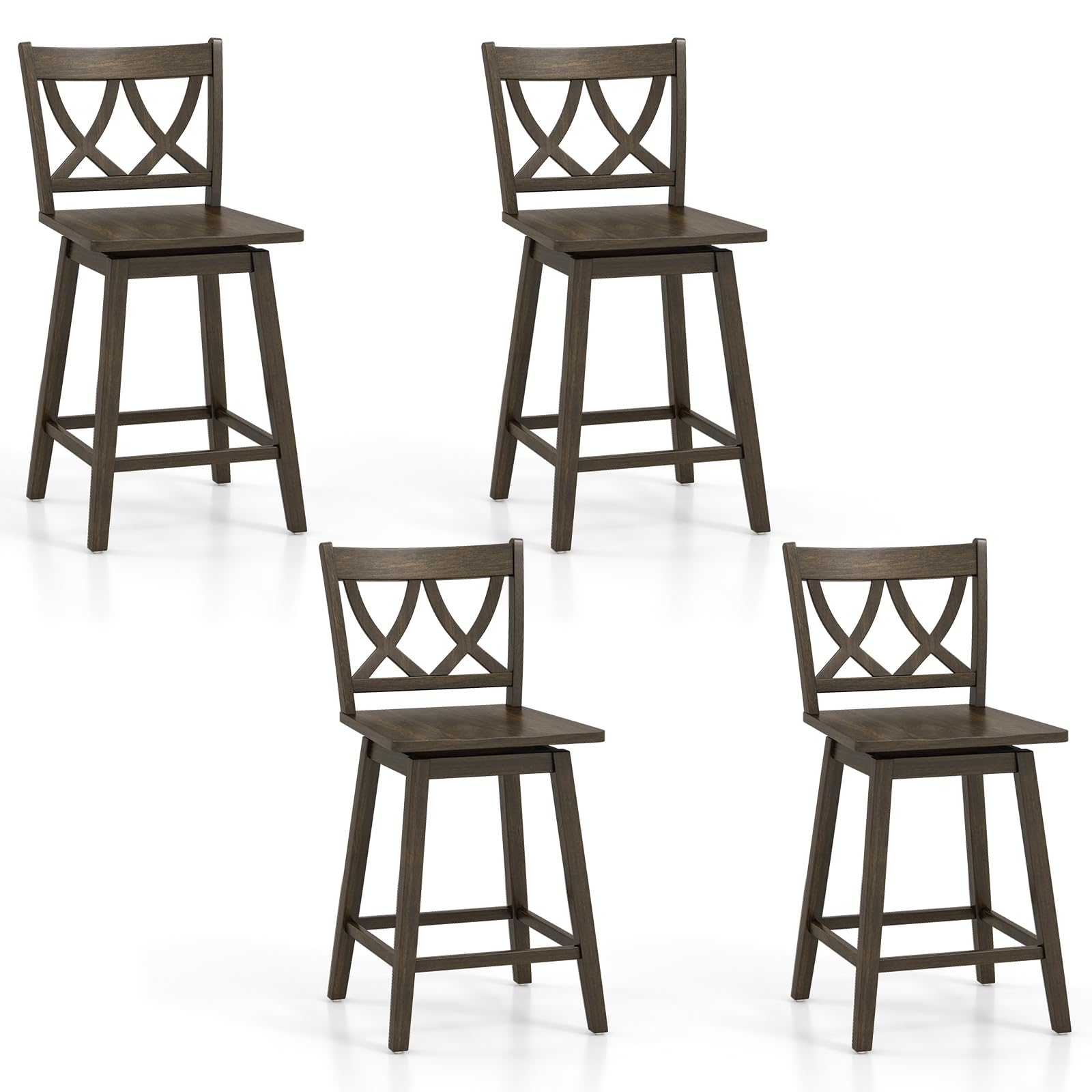 Swivel Wooden Bar Stools Set of 2/4 with Rubber Wood Frame, Footrest & Ergonomic Backrest