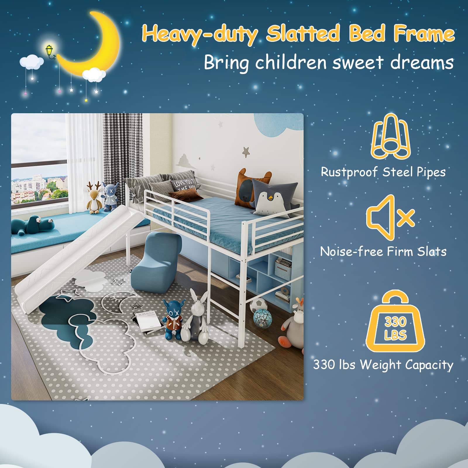 Twin Metal Low Loft Bed with Slide, Safety Guardrails & Built-in Ladder