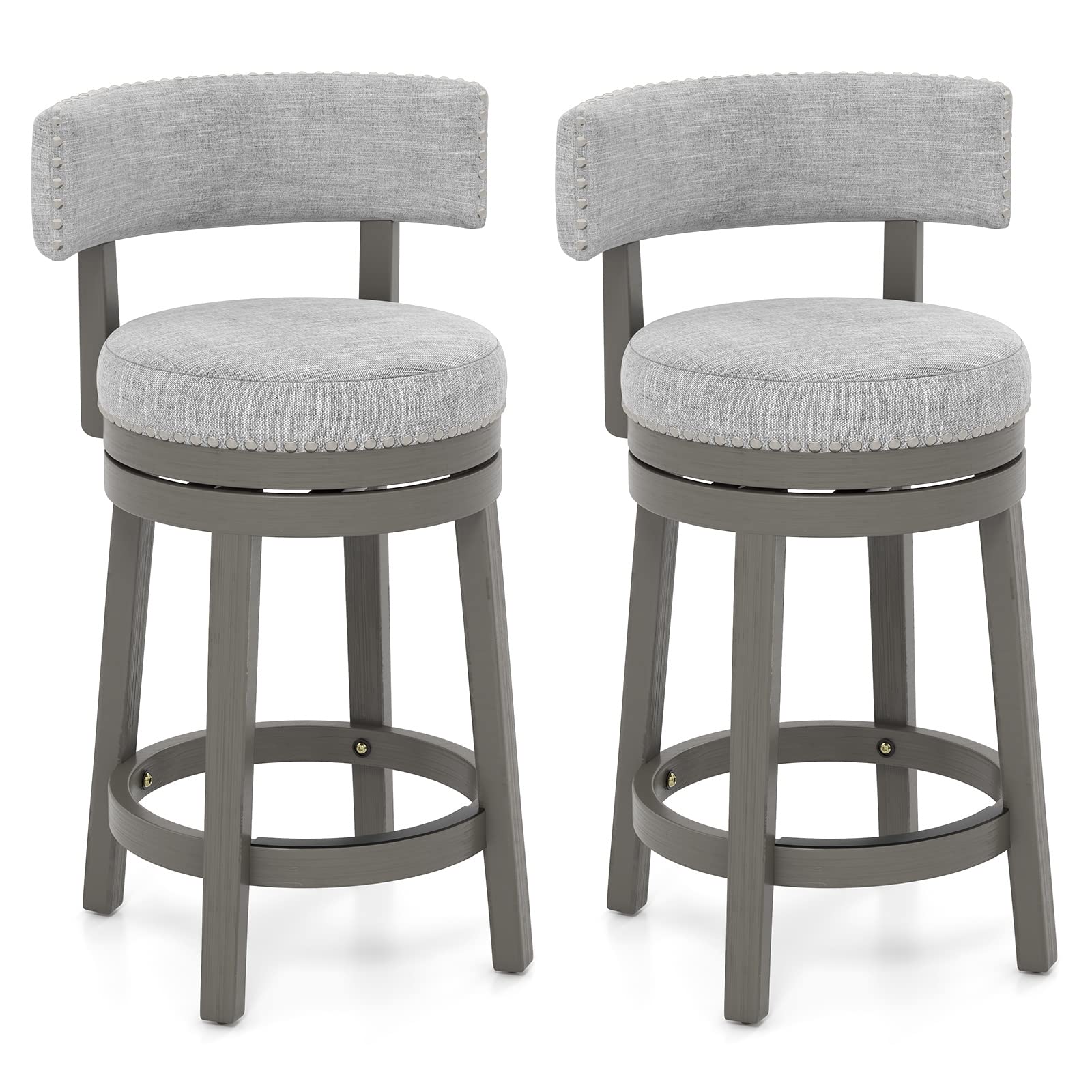 Modern 360&deg; Swivel Bar Stool with Upholstered Back & Seat, Solid Rubber Wood Legs & Round Footrest