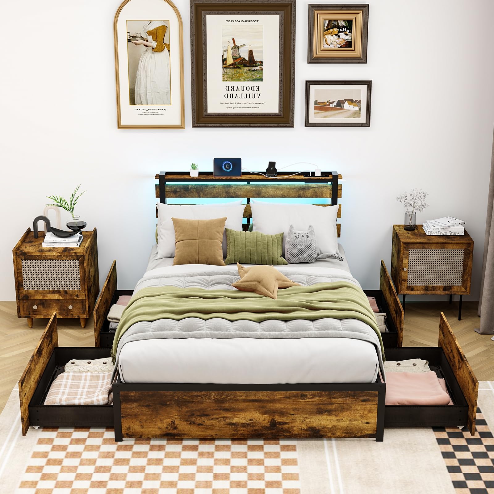 Industrial Bed Frame with 4 Drawers & LED Lights Headboard