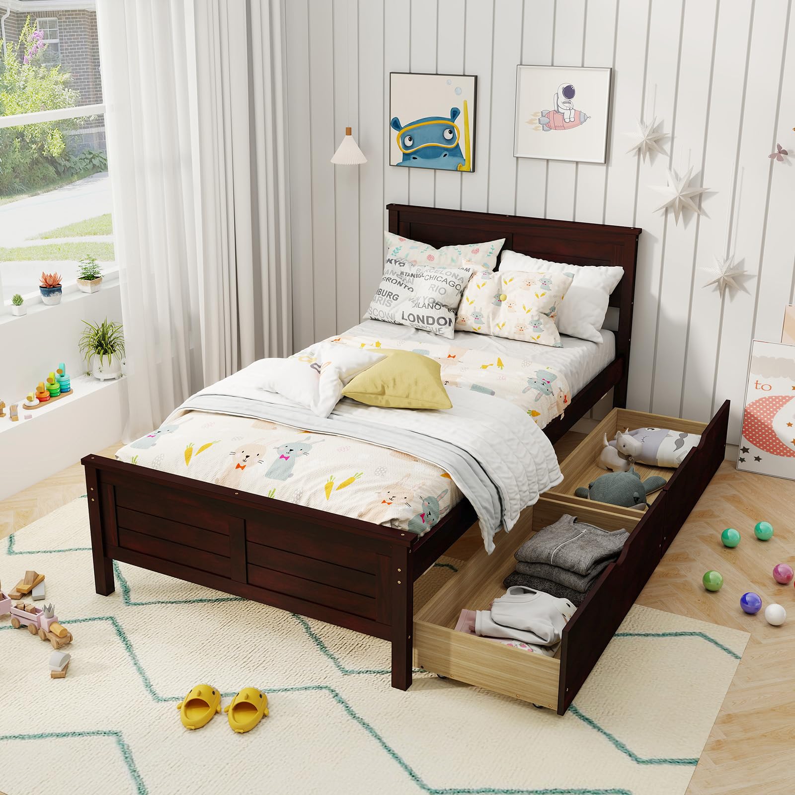 Wood Bed Frame with 2 Storage Drawers