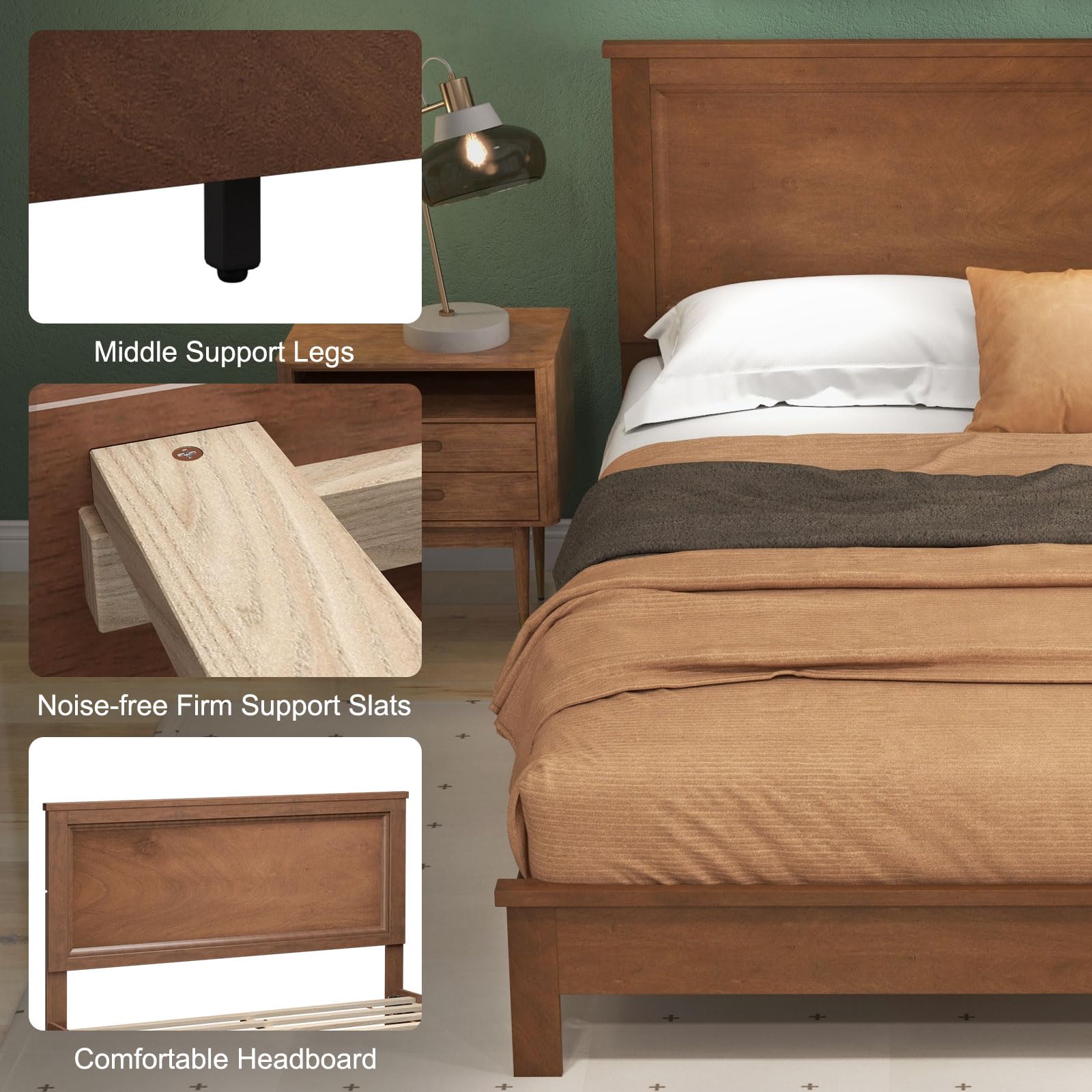 Wood Platform Bed Frame with Headboard, Mid Century Platform Bed Frame with Solid Wood Legs & Wooden Slat Support