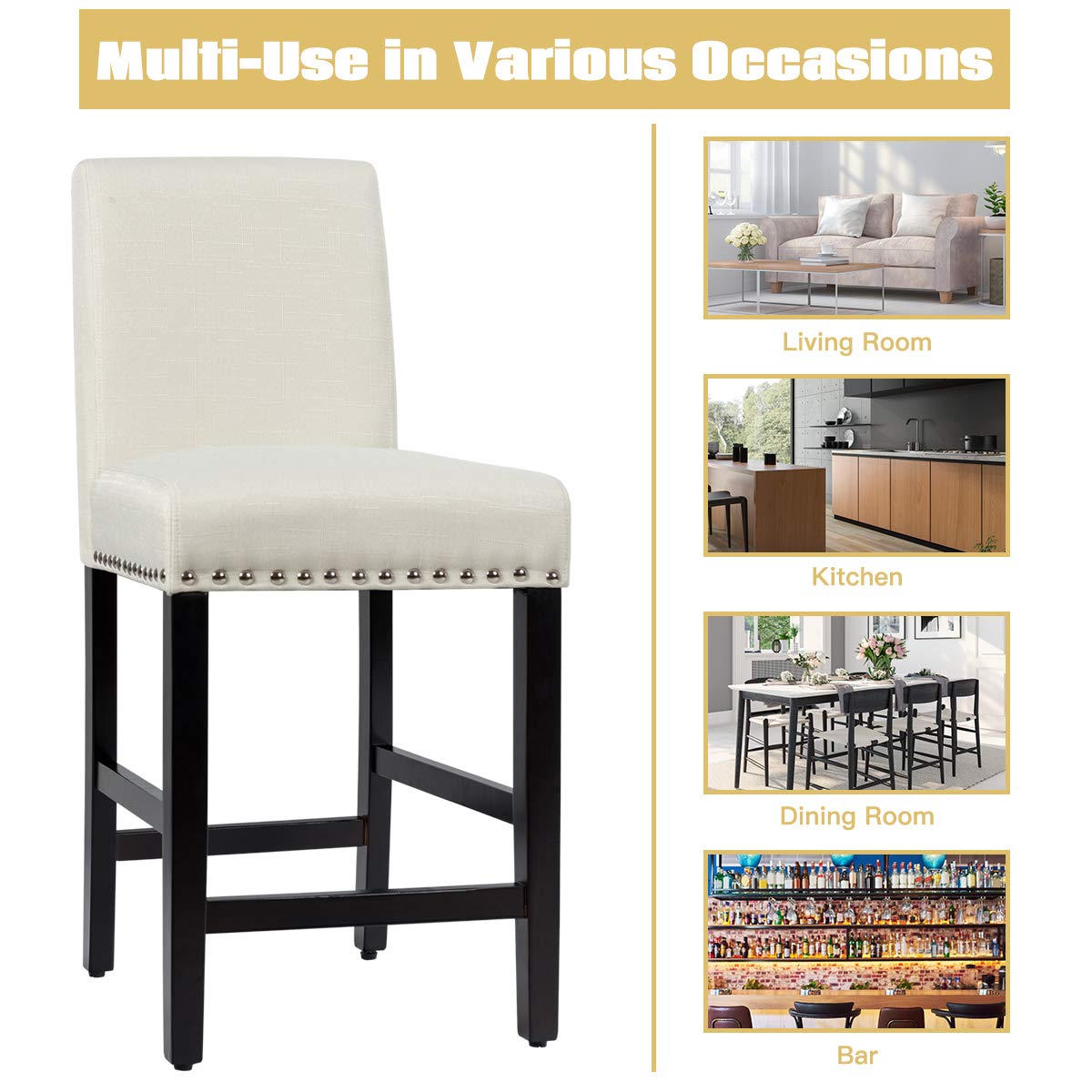 Bar Stools Set of 2/4, 25'' Counter Height Upholstered Bar Chairs w/ Rubber Wood Legs, Breathable Linen Fabric, Padded Seat & Backrest