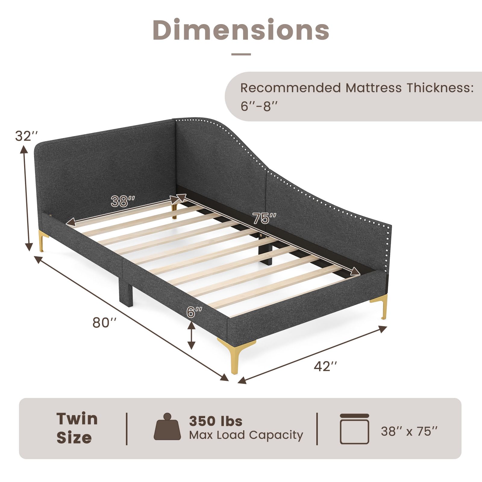Rivet-Tufted Platform Bed Frame with Headboard, Metal Legs & Wood Slats, L-Shaped Corner Sofa Bed