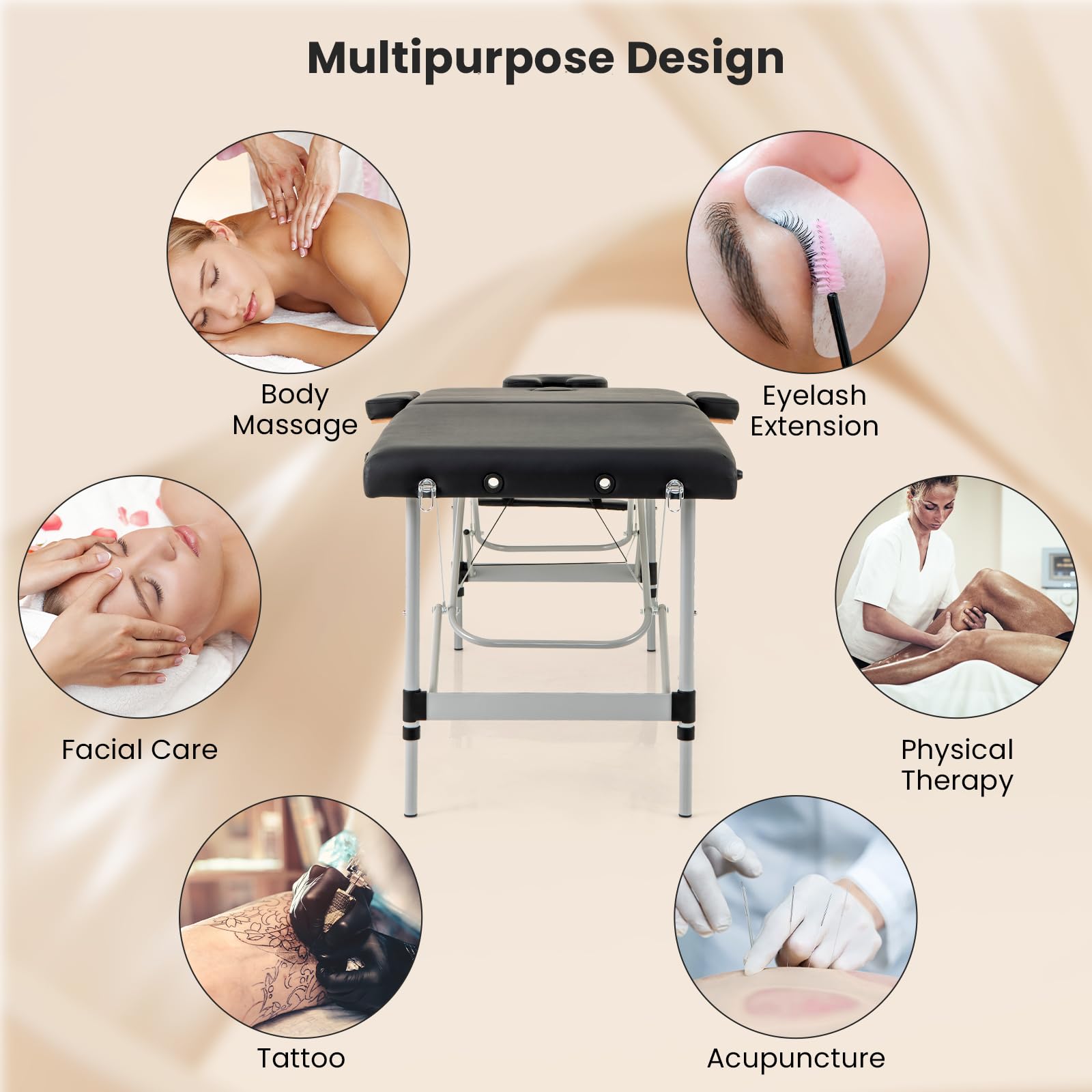 Massage Table, Portable Massage Bed with Carrying Bag, 2 Fold Salon Spa Tattoo Bed, Height Adjustable