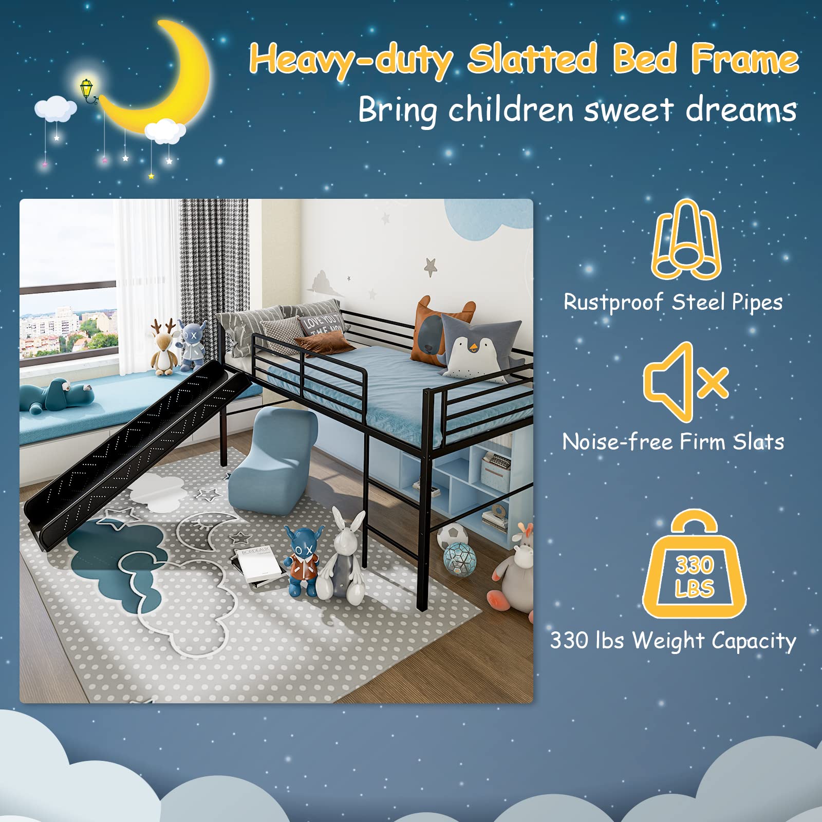 Twin Metal Low Loft Bed with Slide, Safety Guardrails & Built-in Ladder