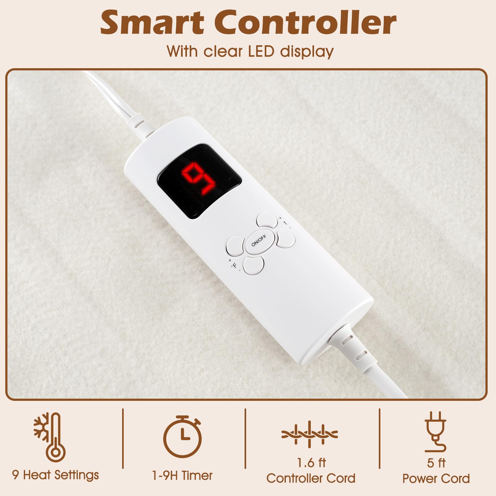 Heating Electric Mattress Pad with Dual Controllers, 9 Heat Settings & 9-Hour Auto Off, Machine Washable Bed Warmer for up to 10 Inches Mattress, 80&rdquo; x 78&rdquo;