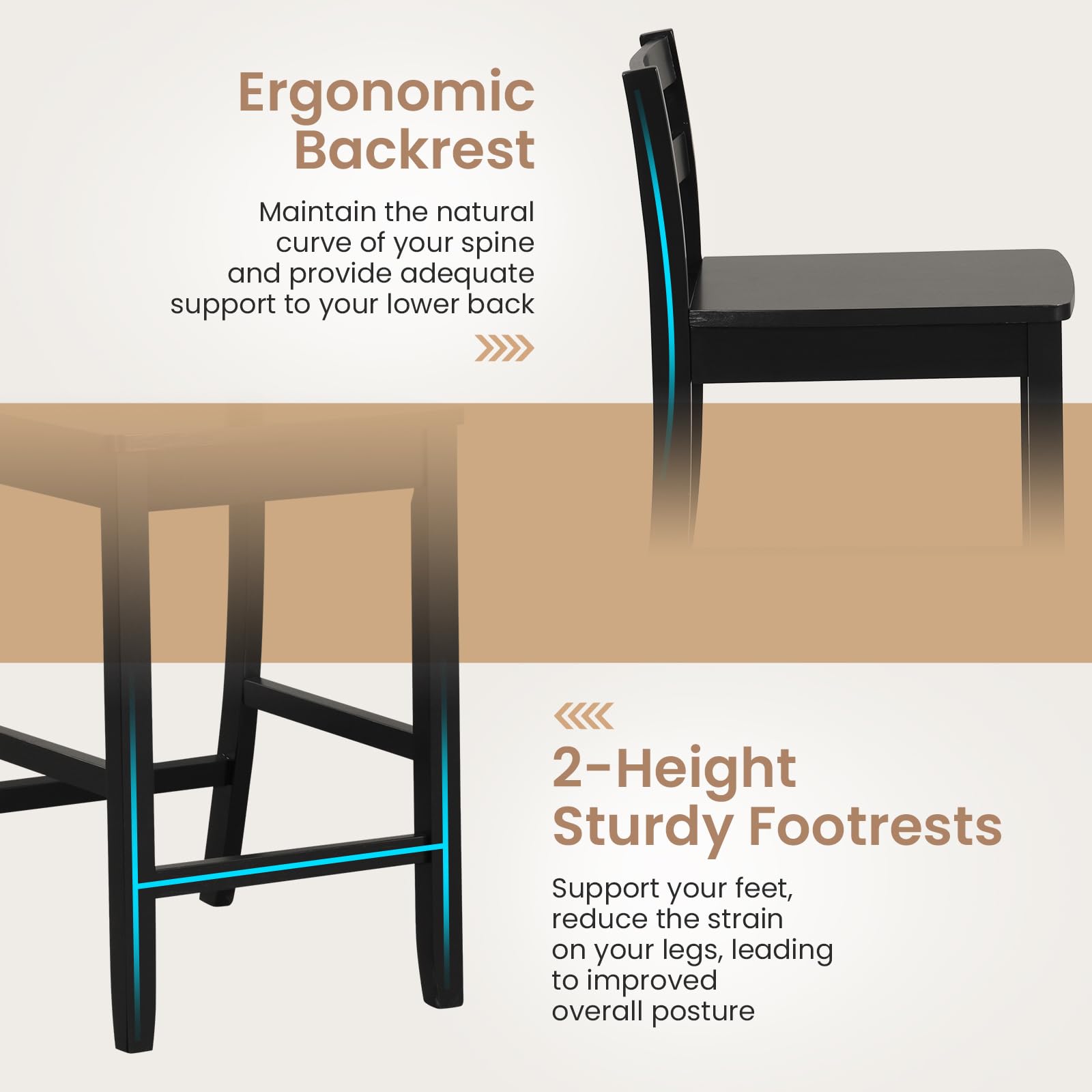 Wooden Bar Stools Set of 2/4, 24-Inch Counter Height Stools with Ergonomic Backrest & Footrest