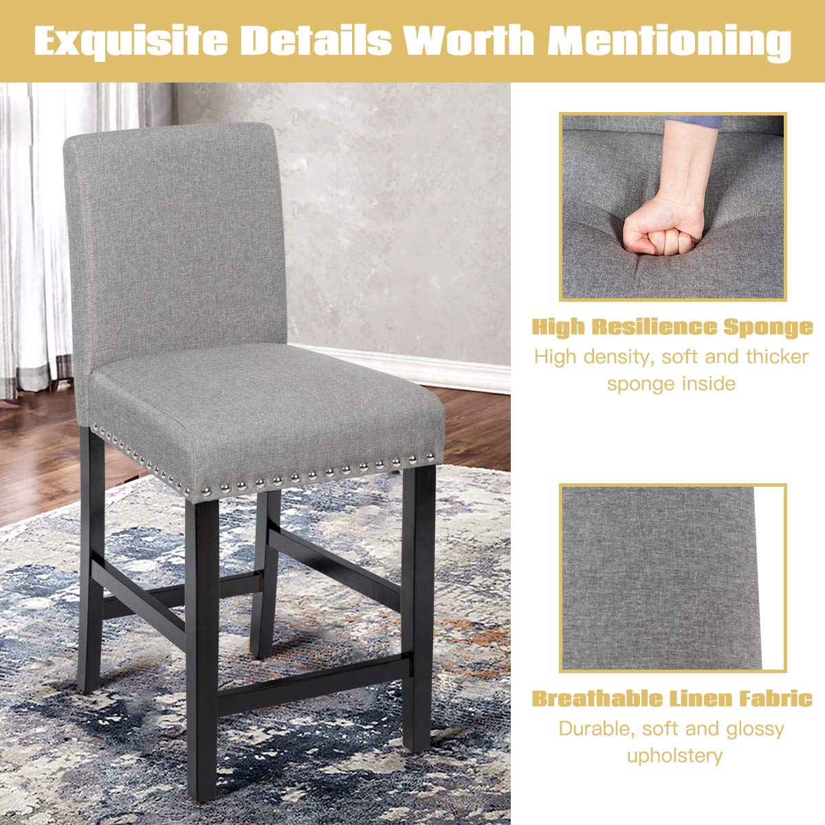 Bar Stools Set of 2/4, 25'' Counter Height Upholstered Bar Chairs w/ Rubber Wood Legs, Breathable Linen Fabric, Padded Seat & Backrest