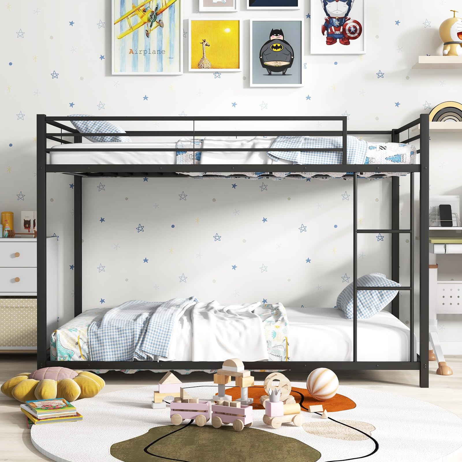 Twin Over Twin Metal Low Profile Bunk Bed with Safety Guard Rails & Side Ladder