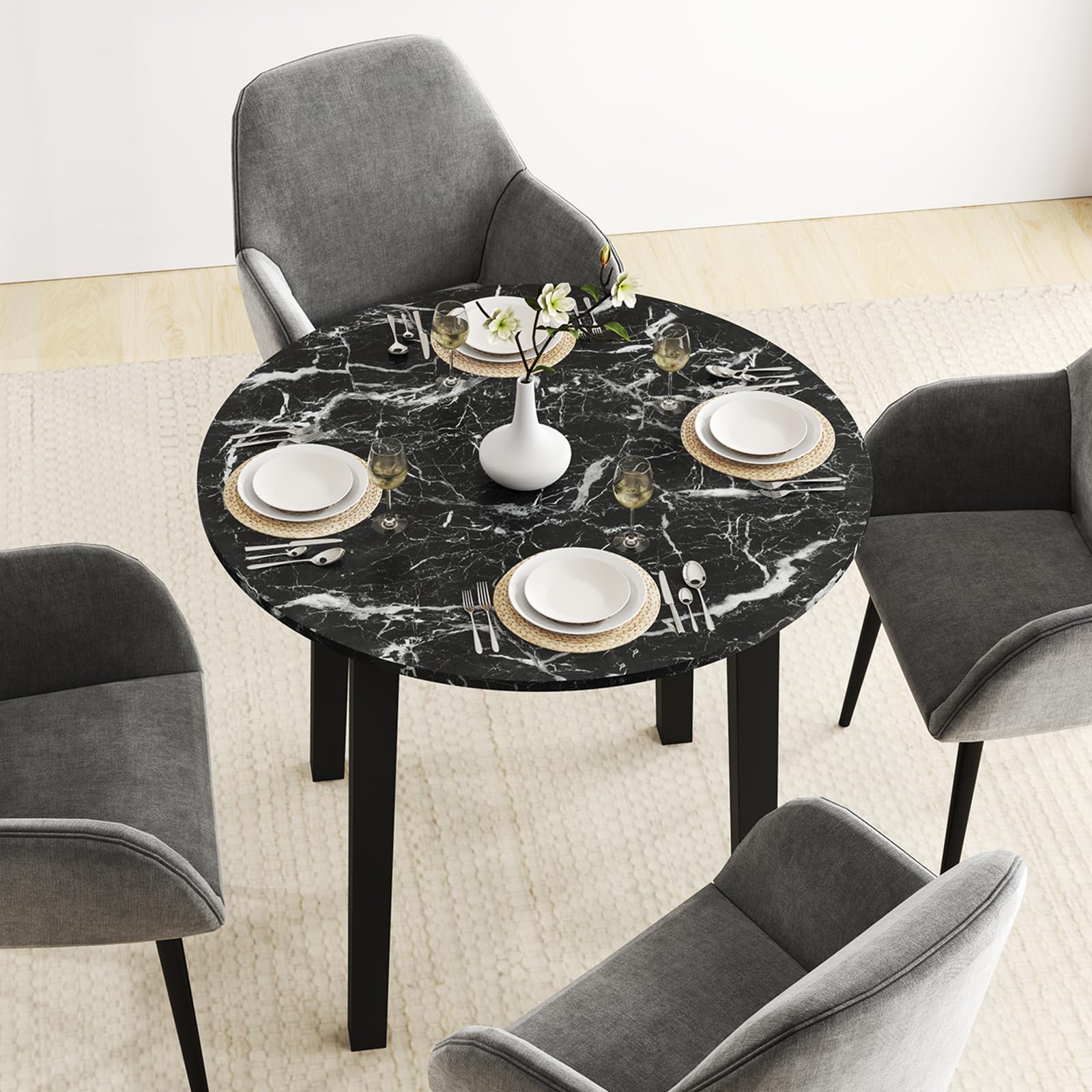 35&rdquo; Round Dining Table - Kitchen Table with Rubber Wood Legs, Marble-Textured Veneer Tabletop