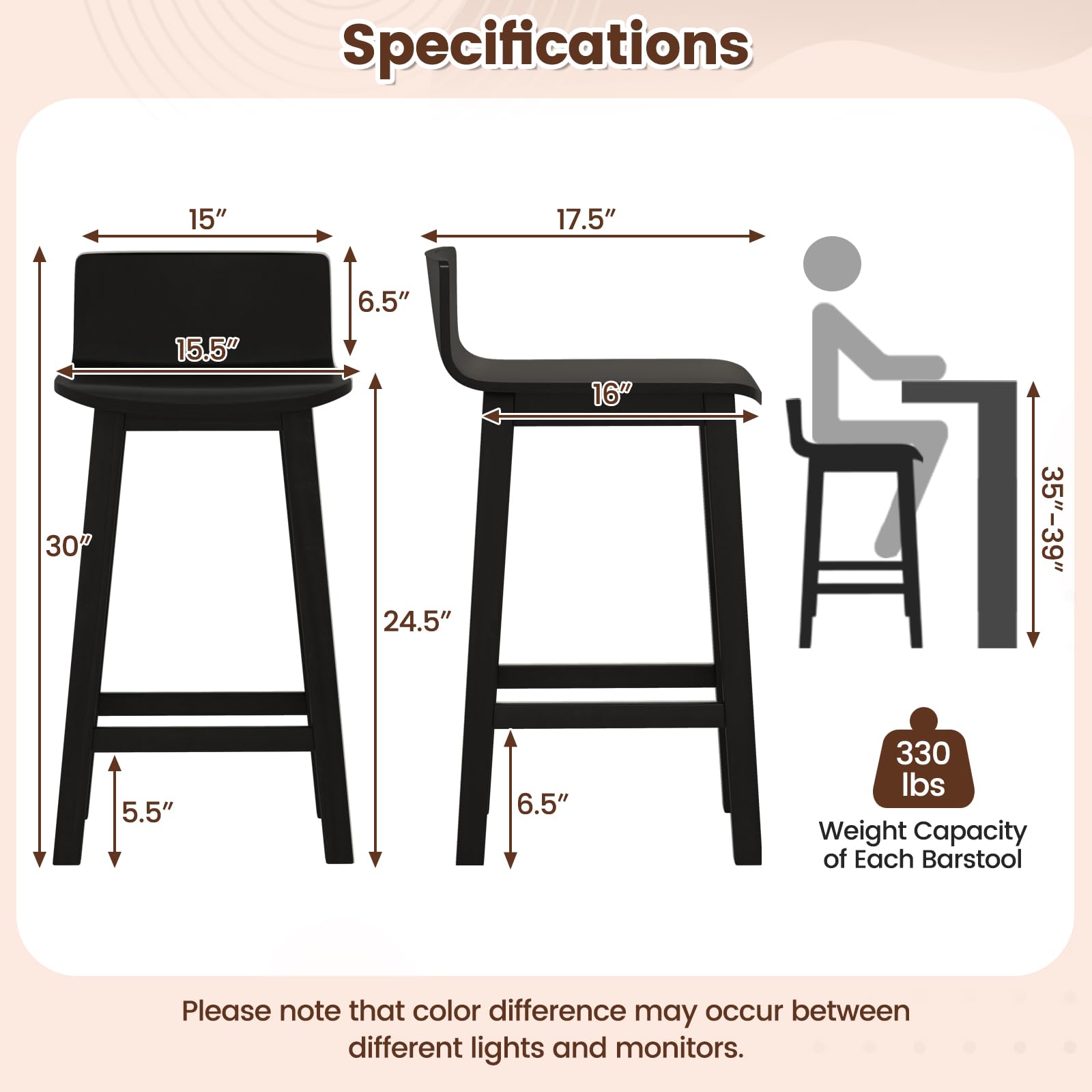 Solid Wood Bar Stools Set of 2/4, Counter Height Chairs with Low Back and Footrest