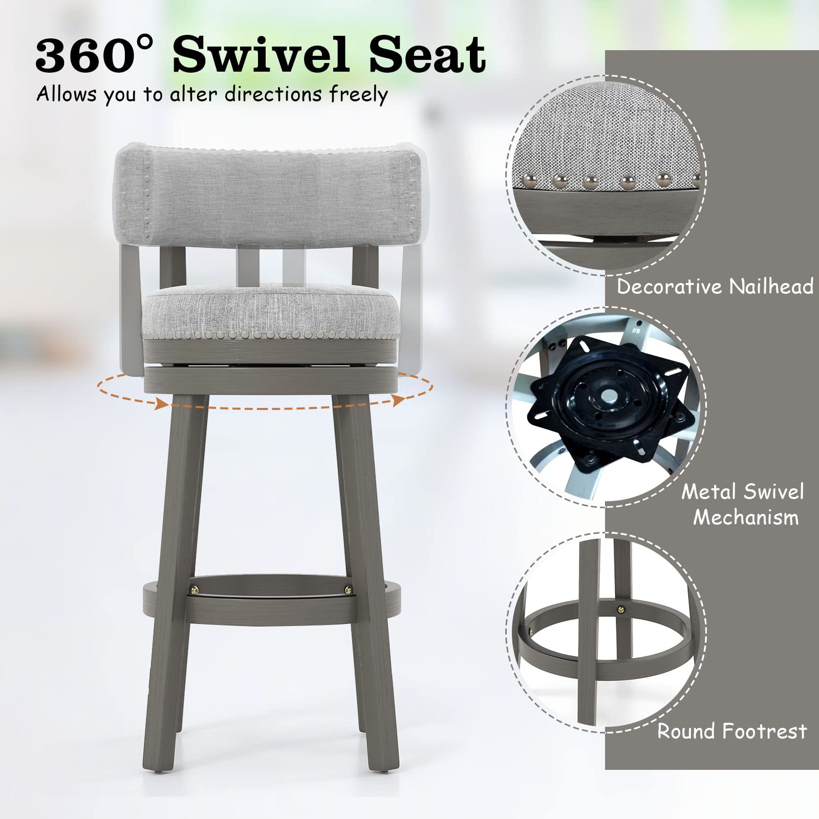 Modern 360&deg; Swivel Bar Stool with Upholstered Back & Seat, Solid Rubber Wood Legs & Round Footrest