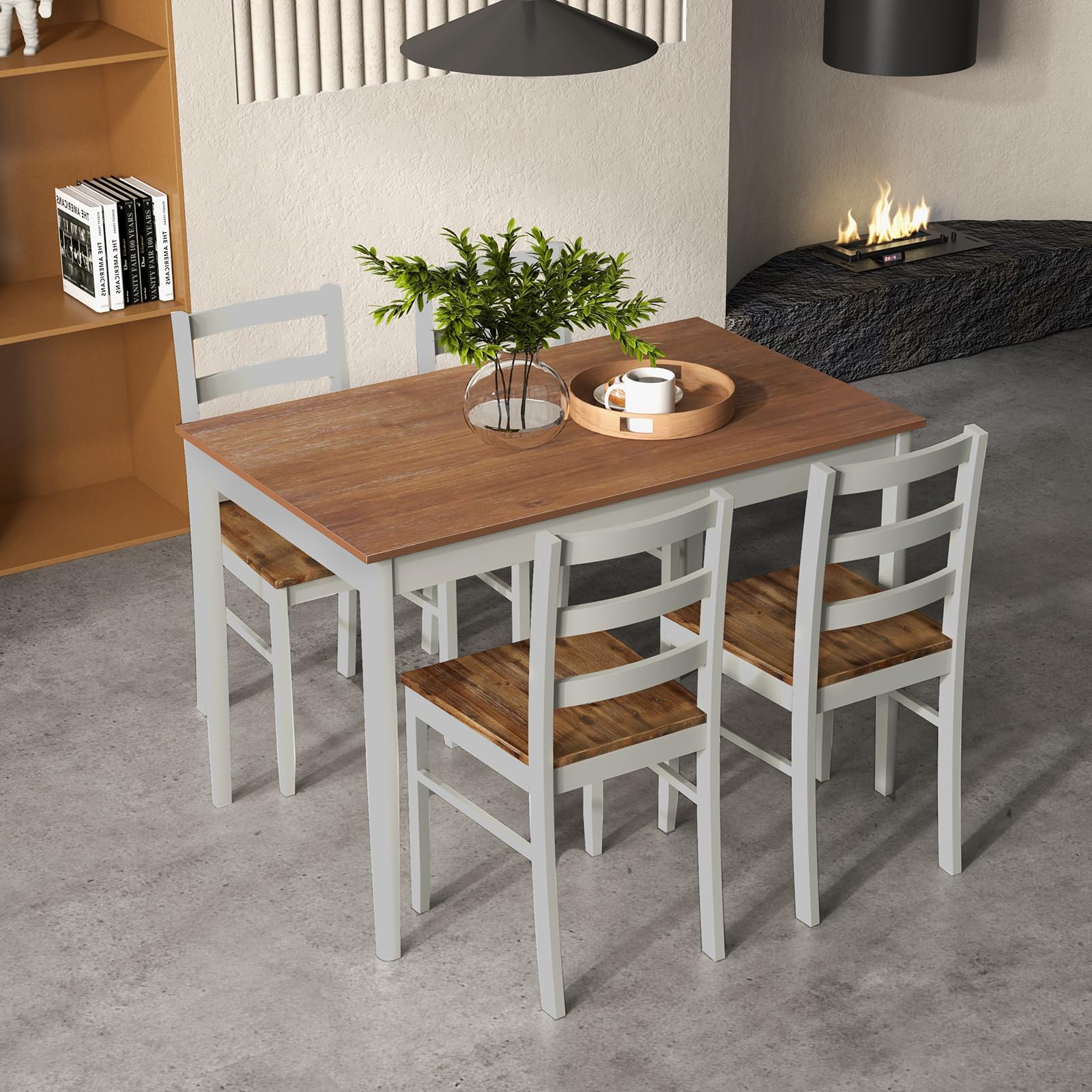 Dining Table Set for 4, Farmhouse Solid Wood Dining Set w/Rubber Wood Legs
