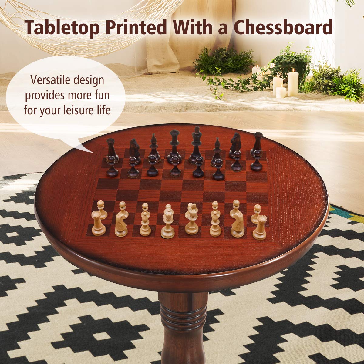 Round Dining Table, Wooden Pub Pedestal Side Table W/Chessboard, Adjustable Foot Pads