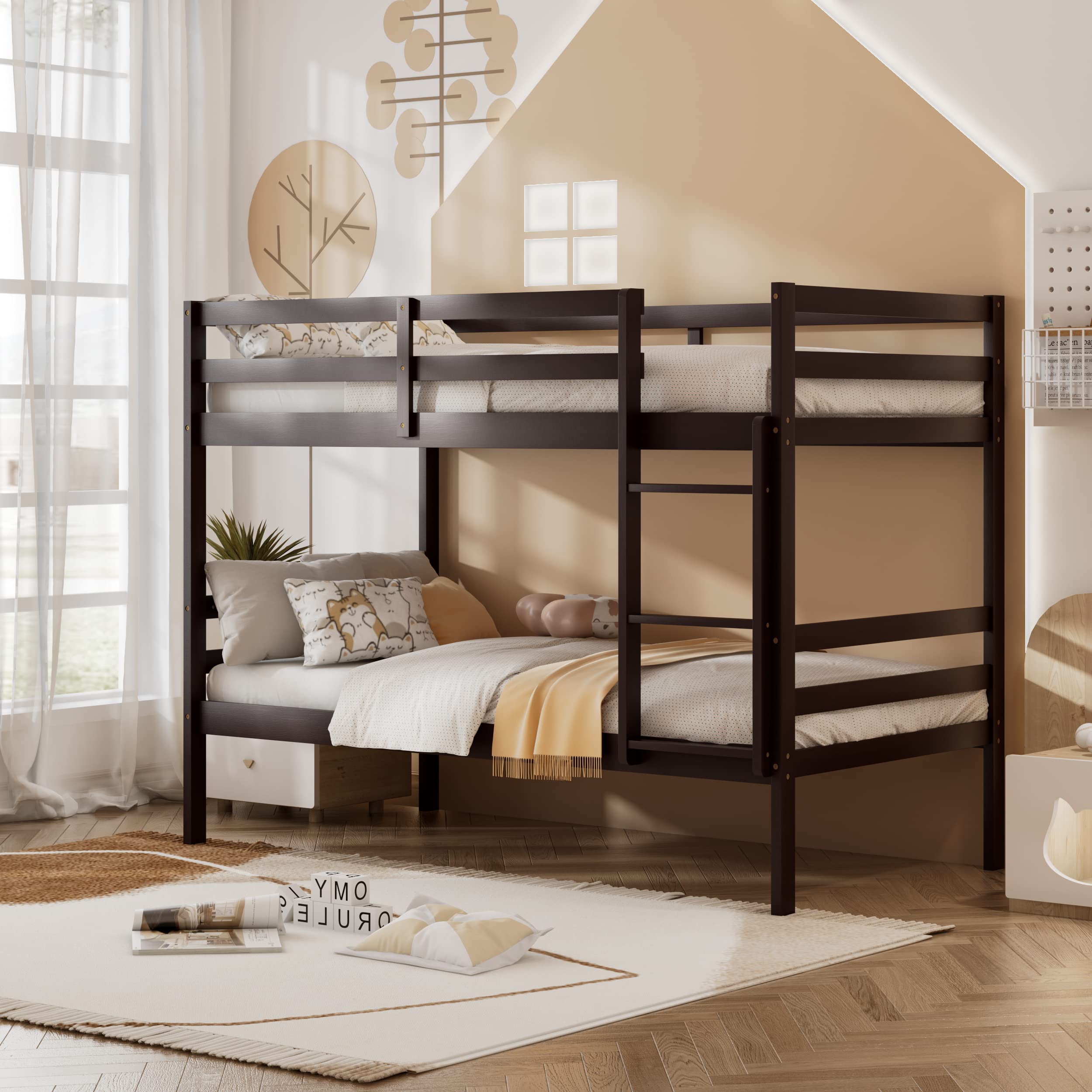 Twin Over Twin Wood Bunk Bed with Ladder & Safety Guardrail