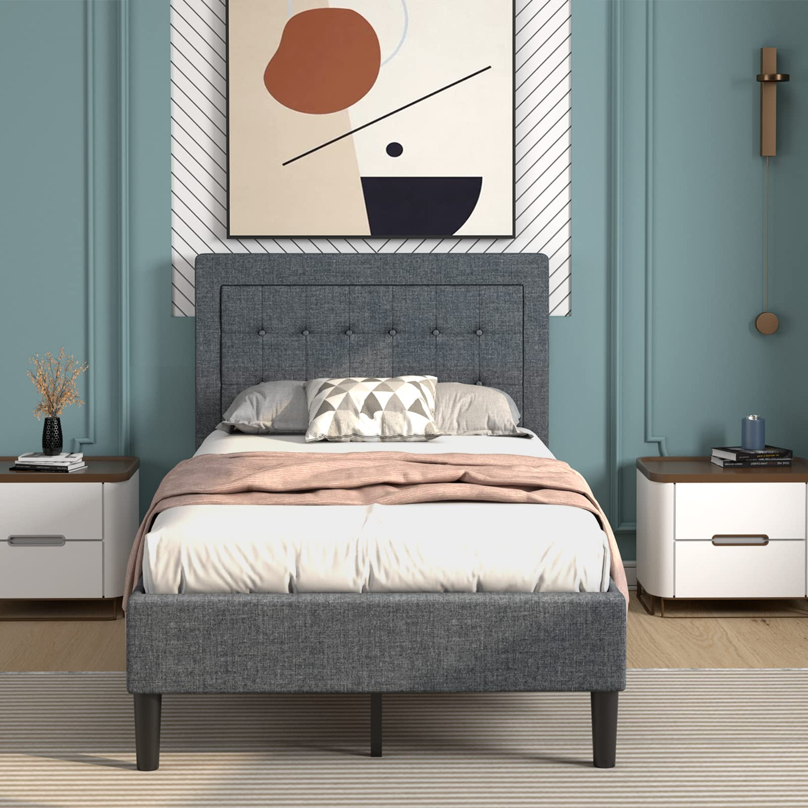Twin Size Linen Upholstered Platform Bed Frame with Button Tufted Headboard and Wooden Slats