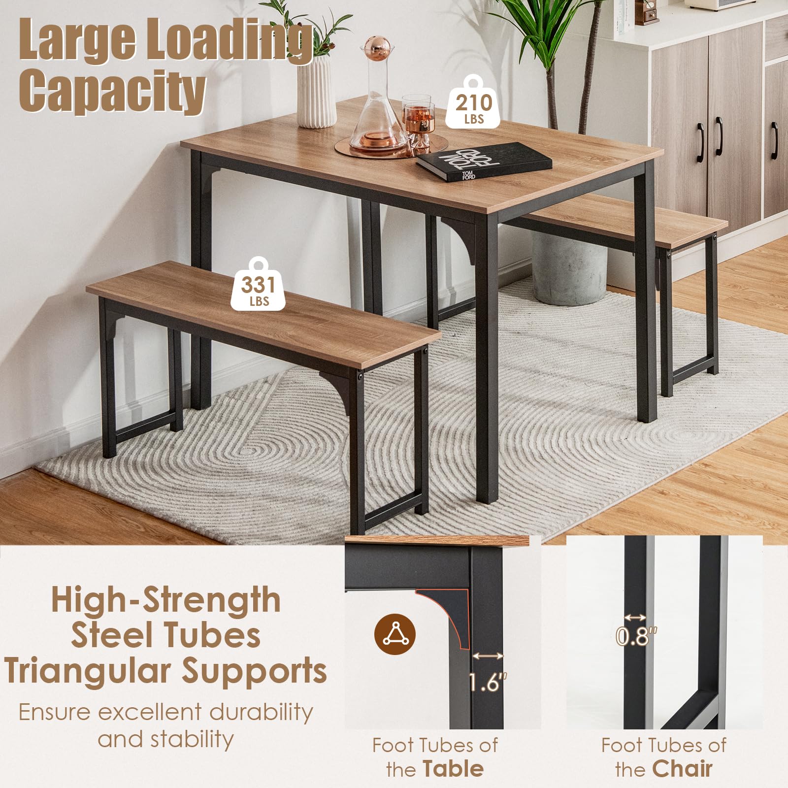 Dining Table Set for 4, 3-Piece Kitchen Table with 2 Benches