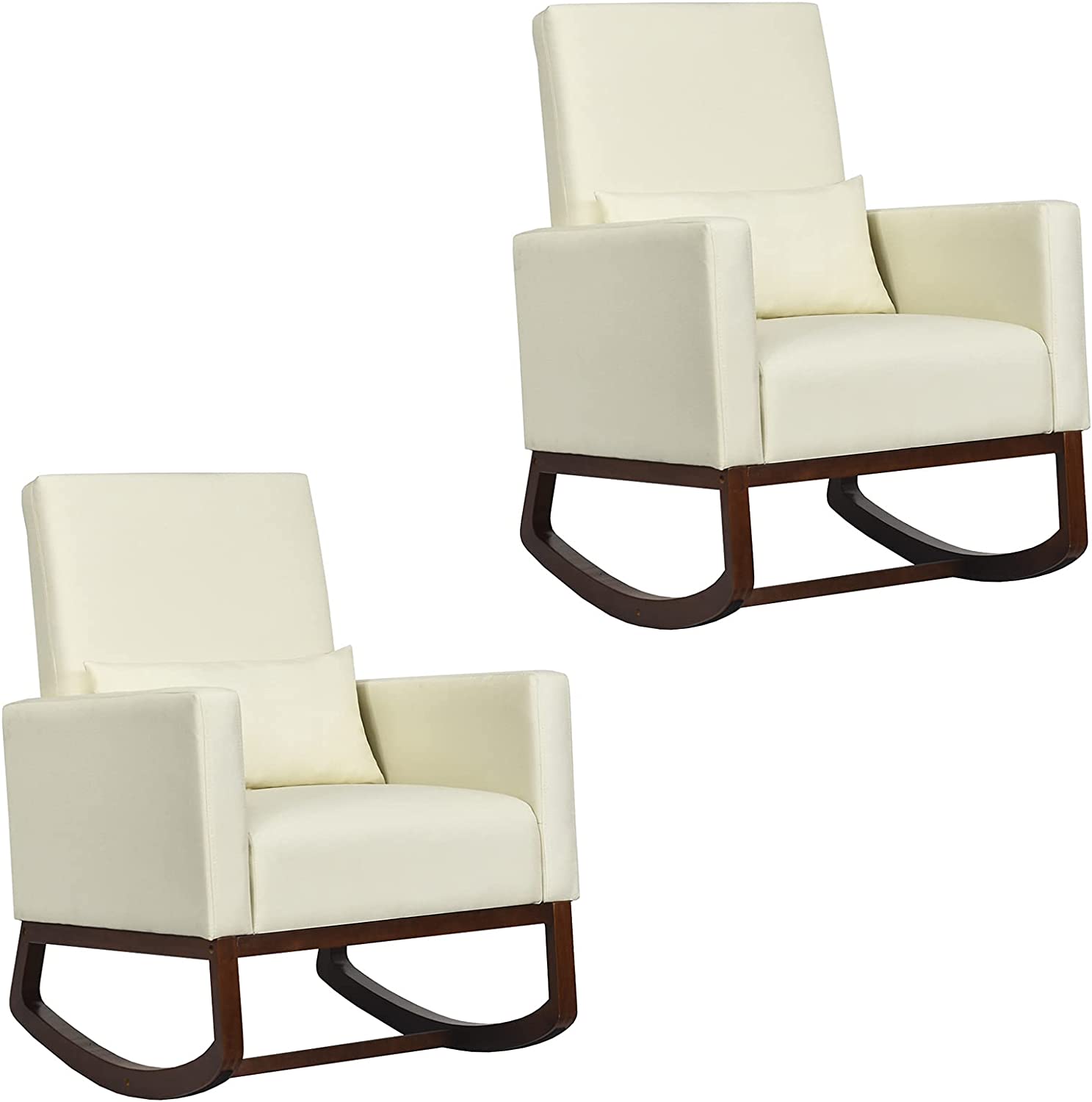 Upholstered Rocking Chair, Modern High Back Armchair, Comfortable Rocker with Fabric Padded Seat, Waist Pillow